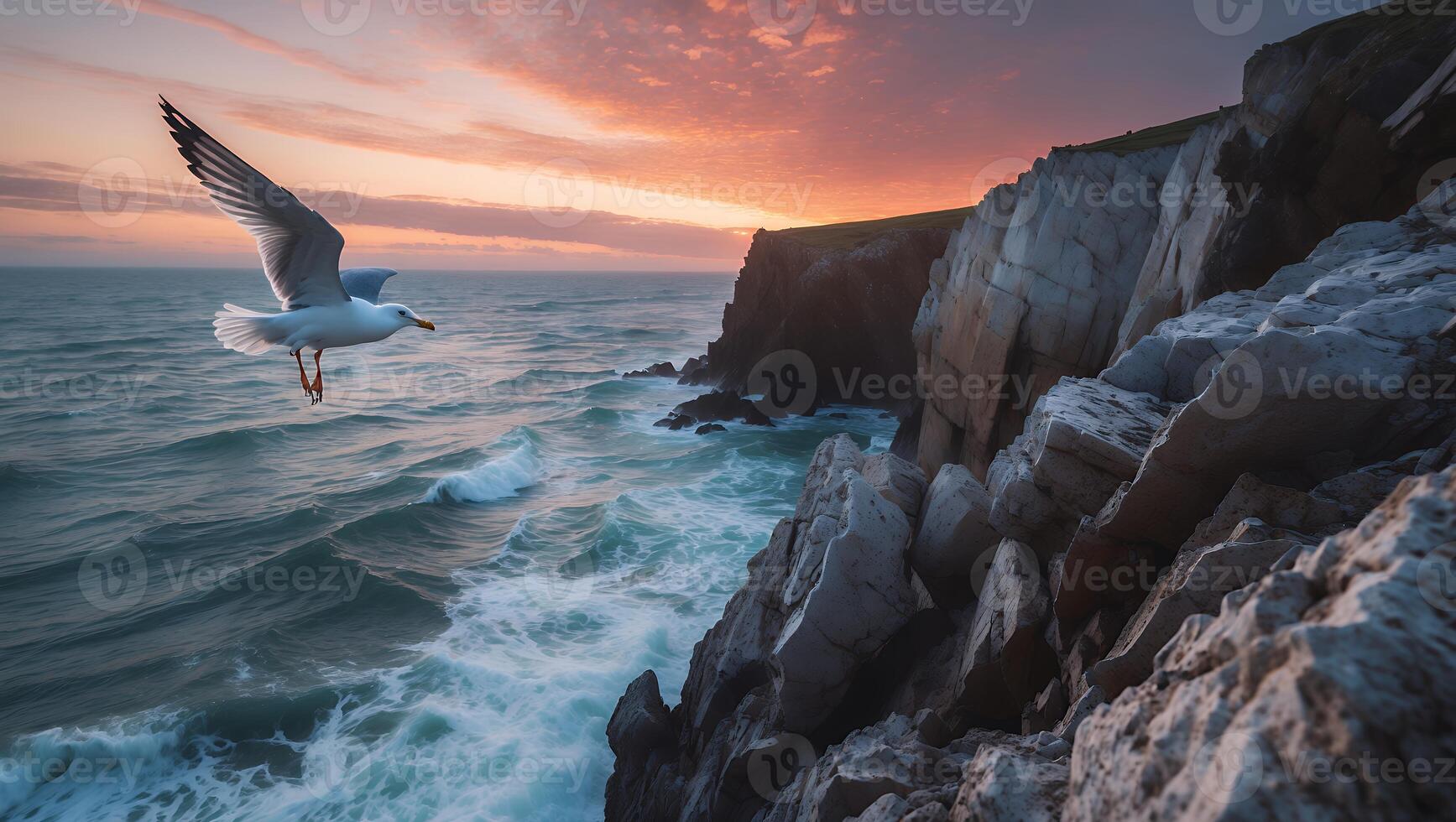 Seagull Flying Over Ocean Waves by Rocky Cliffs at Sunset photo