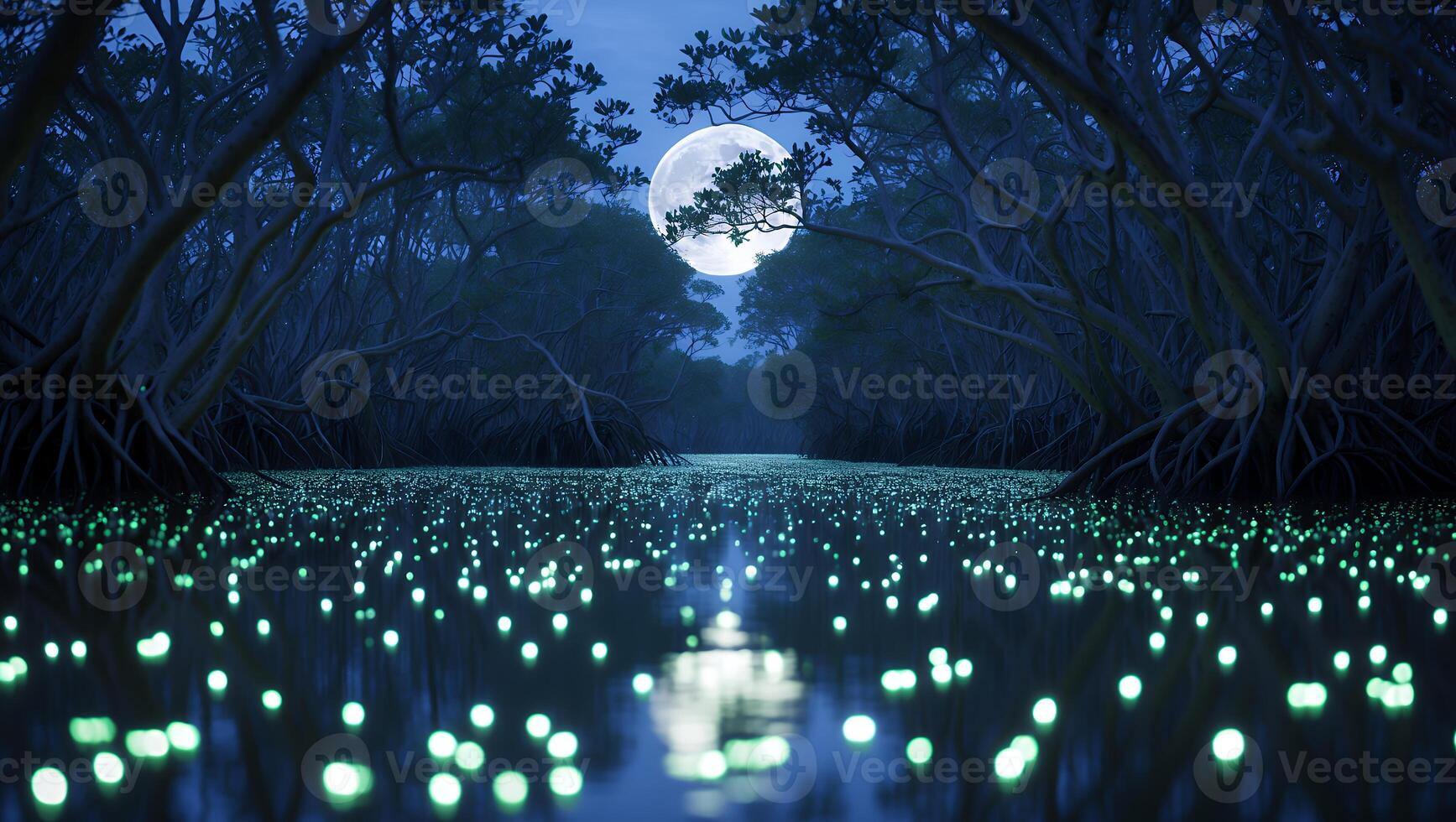 Glowing Lights on River with Full Moon and Forest Canopy photo
