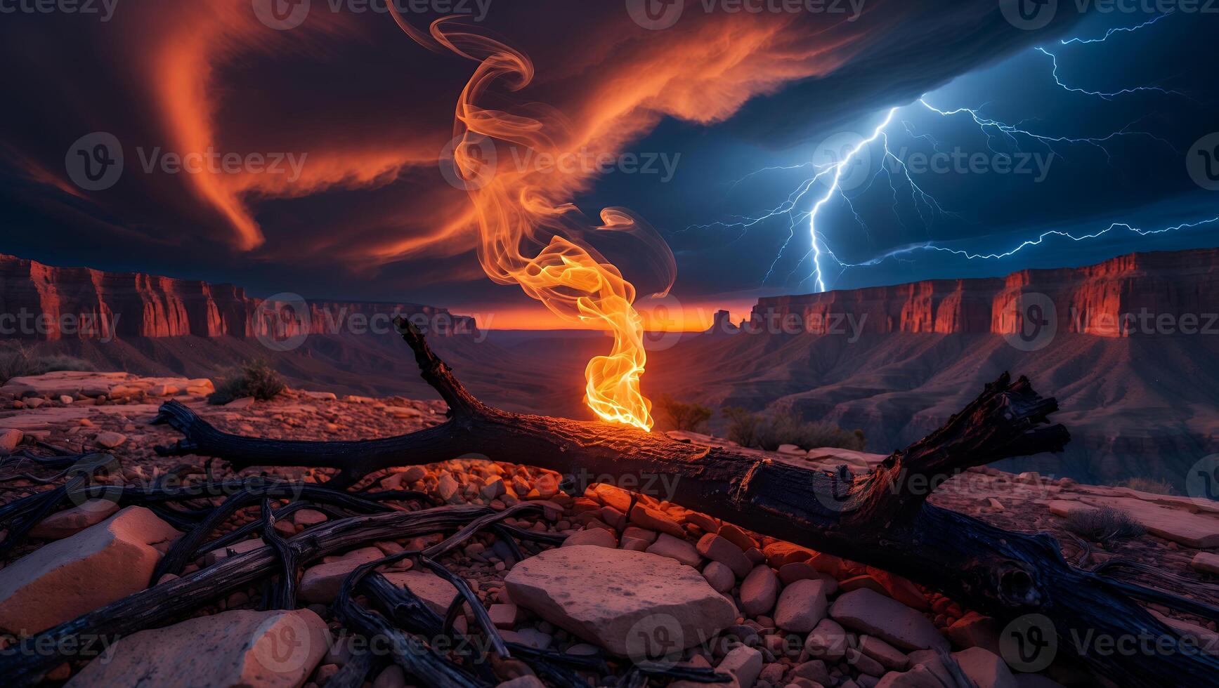 Glowing Campfire with Lightning Storm Over Canyon Landscape at Night photo