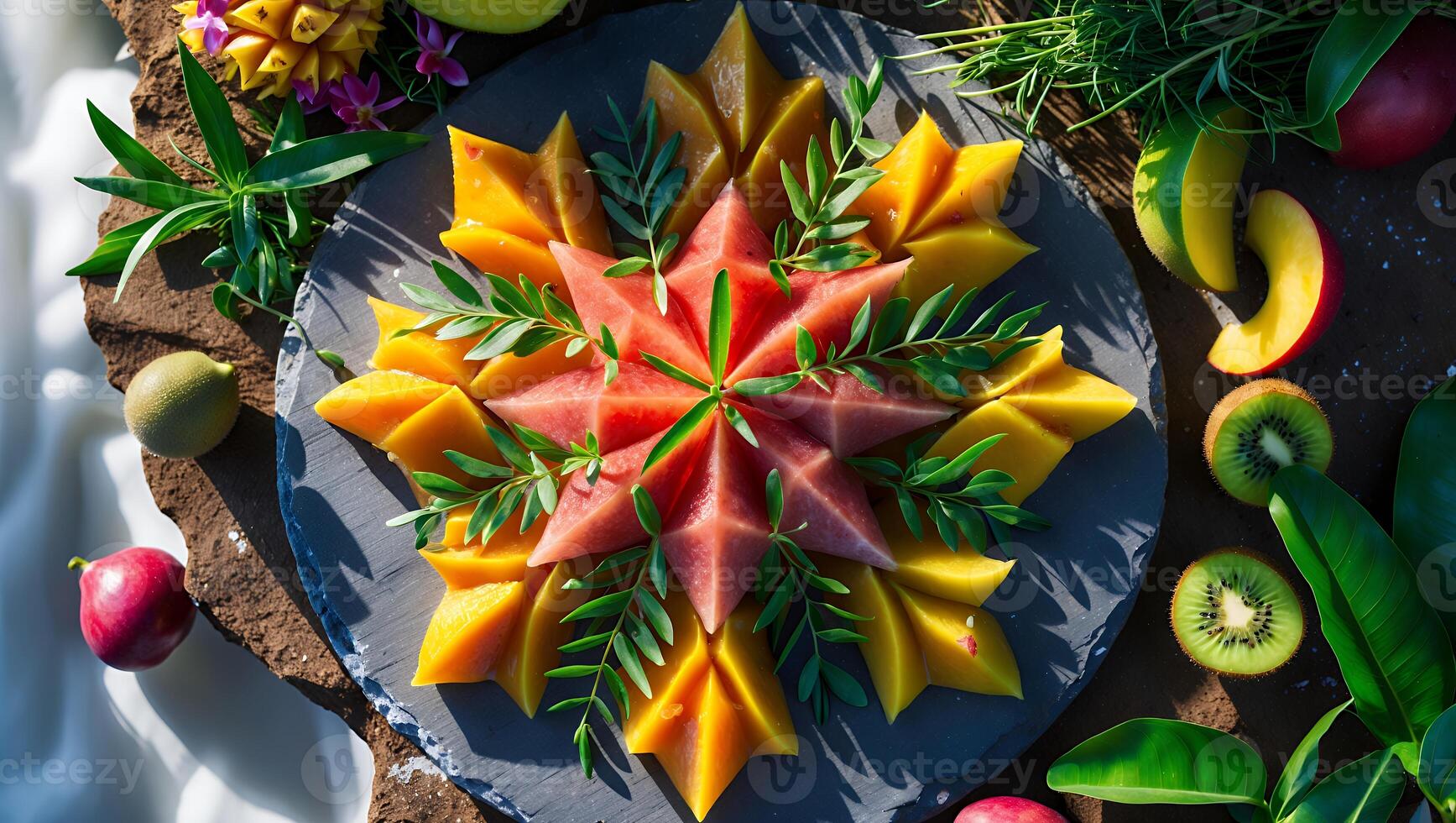 Arrangement of Tropical Fruit Slices on Slate Platter with Greens photo