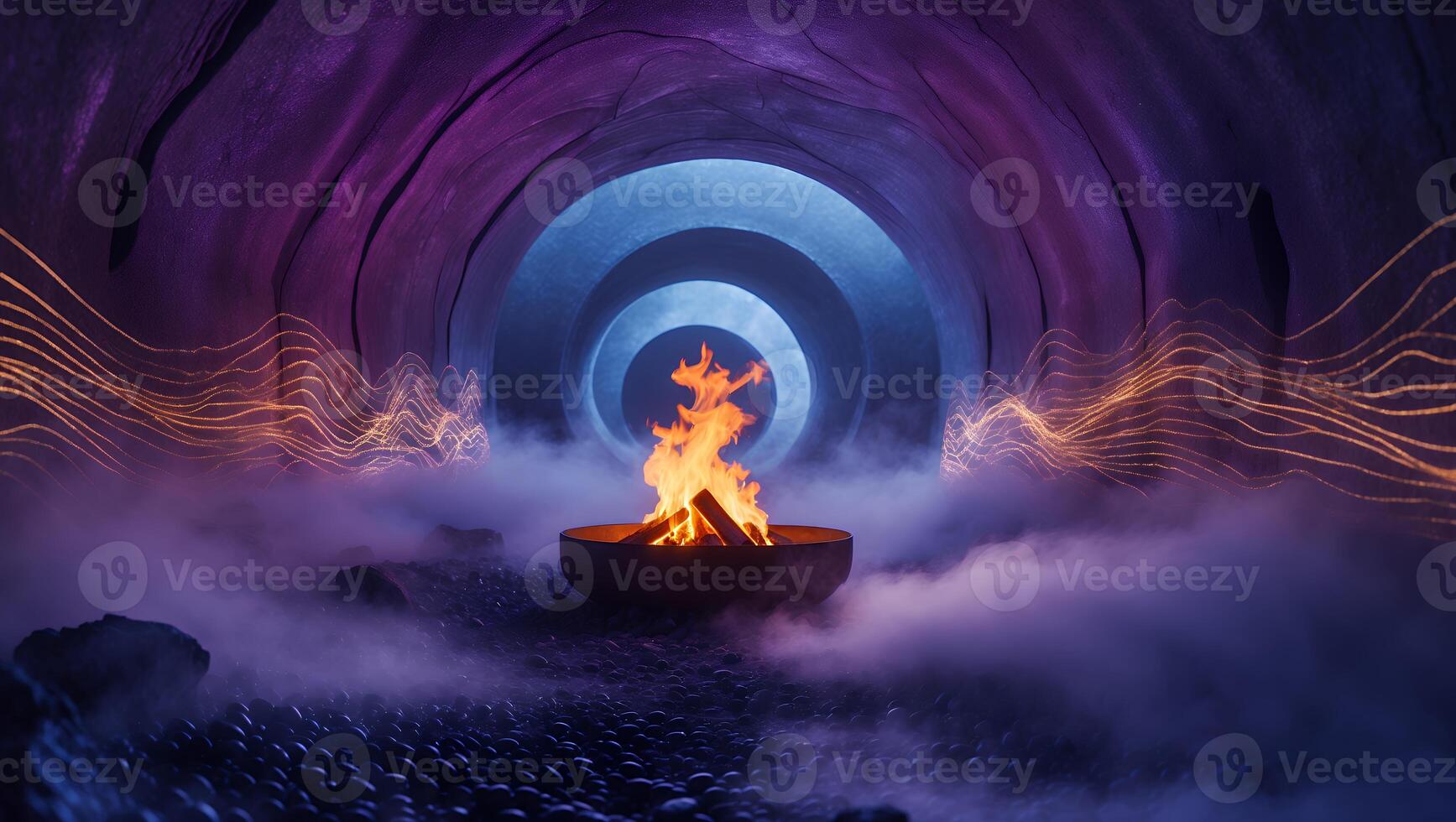 Burning Fire Pit in Mystical Cave with Atmospheric Fog and Light photo