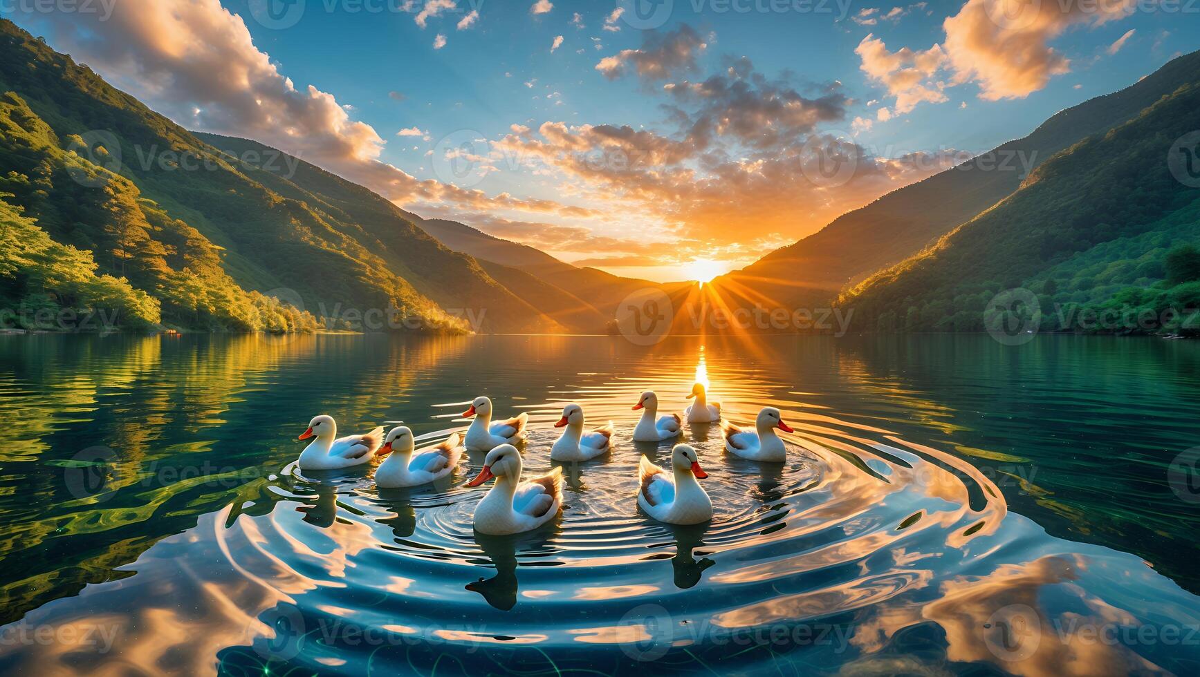 Ducks Swimming on Lake at Sunset with Mountain View photo