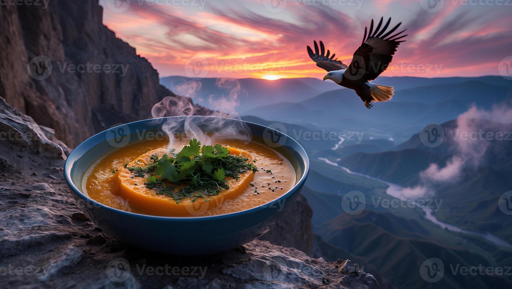 Bowl of Pumpkin Soup on Mountain Cliff with Eagle at Sunset photo
