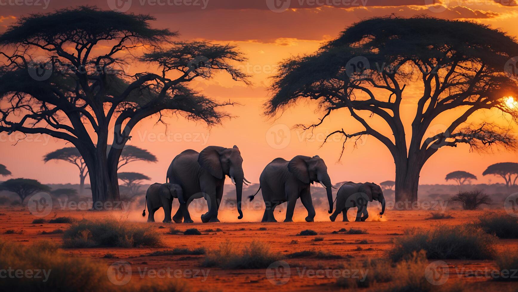 Elephants Walking Across the African Savanna at Sunset in Golden Light photo