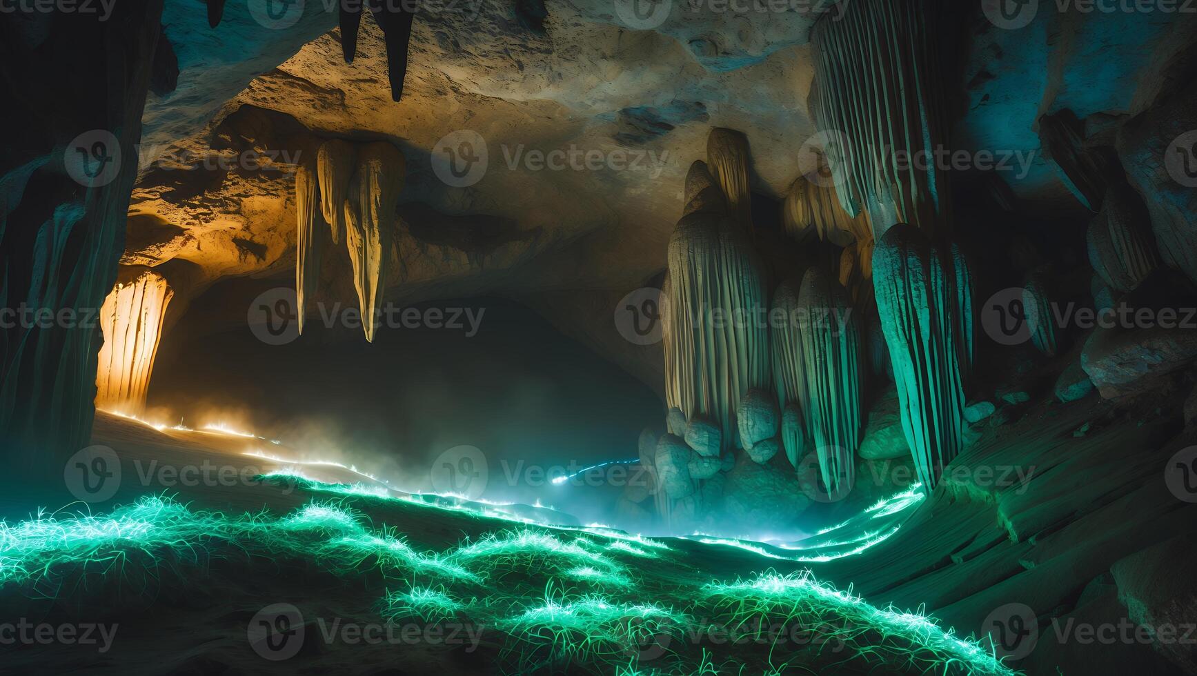 Exploring a Mysterious Glowing Cave with Unique Rock Formations Inside photo