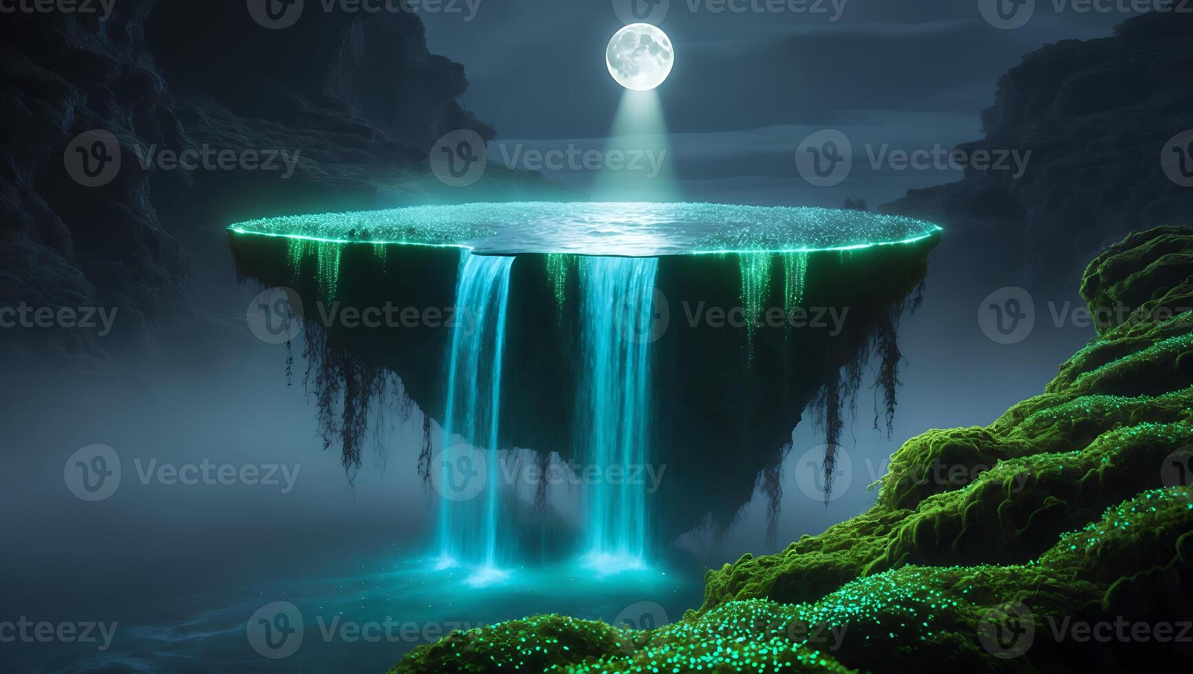 Floating Island Waterfall Illuminated by Moonlight in Mystical Landscape photo