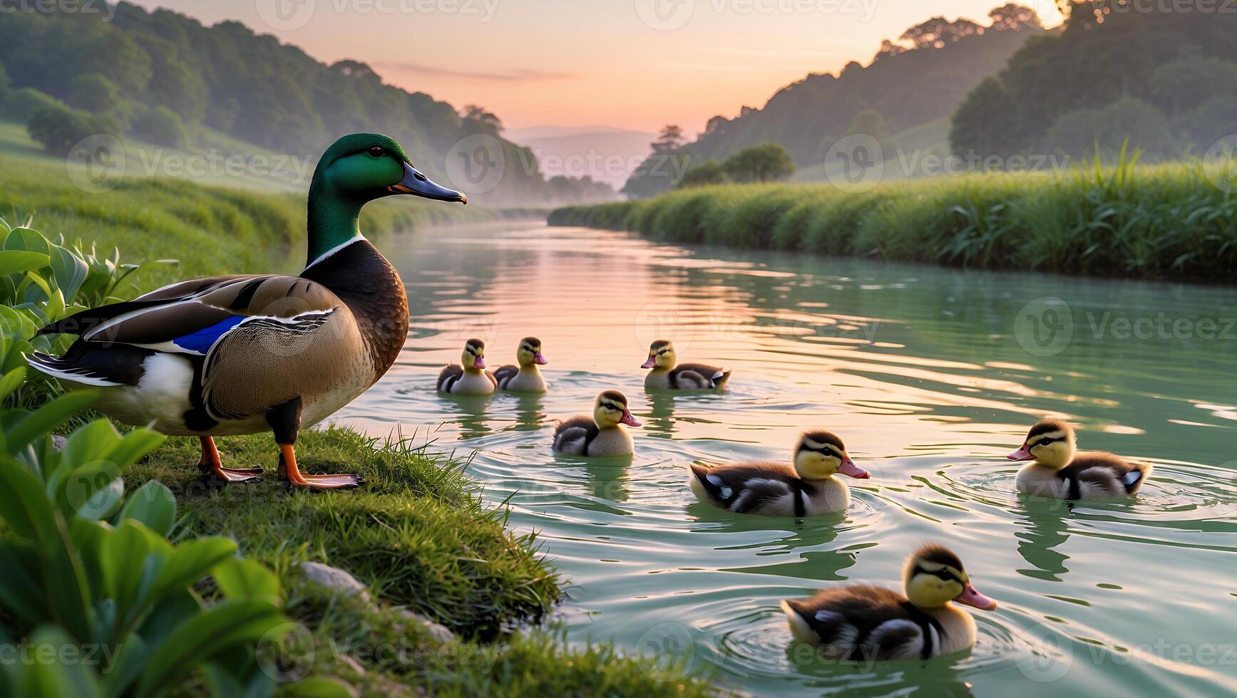 Duck Family Swimming in River at Sunrise Amidst Grassy Banks photo