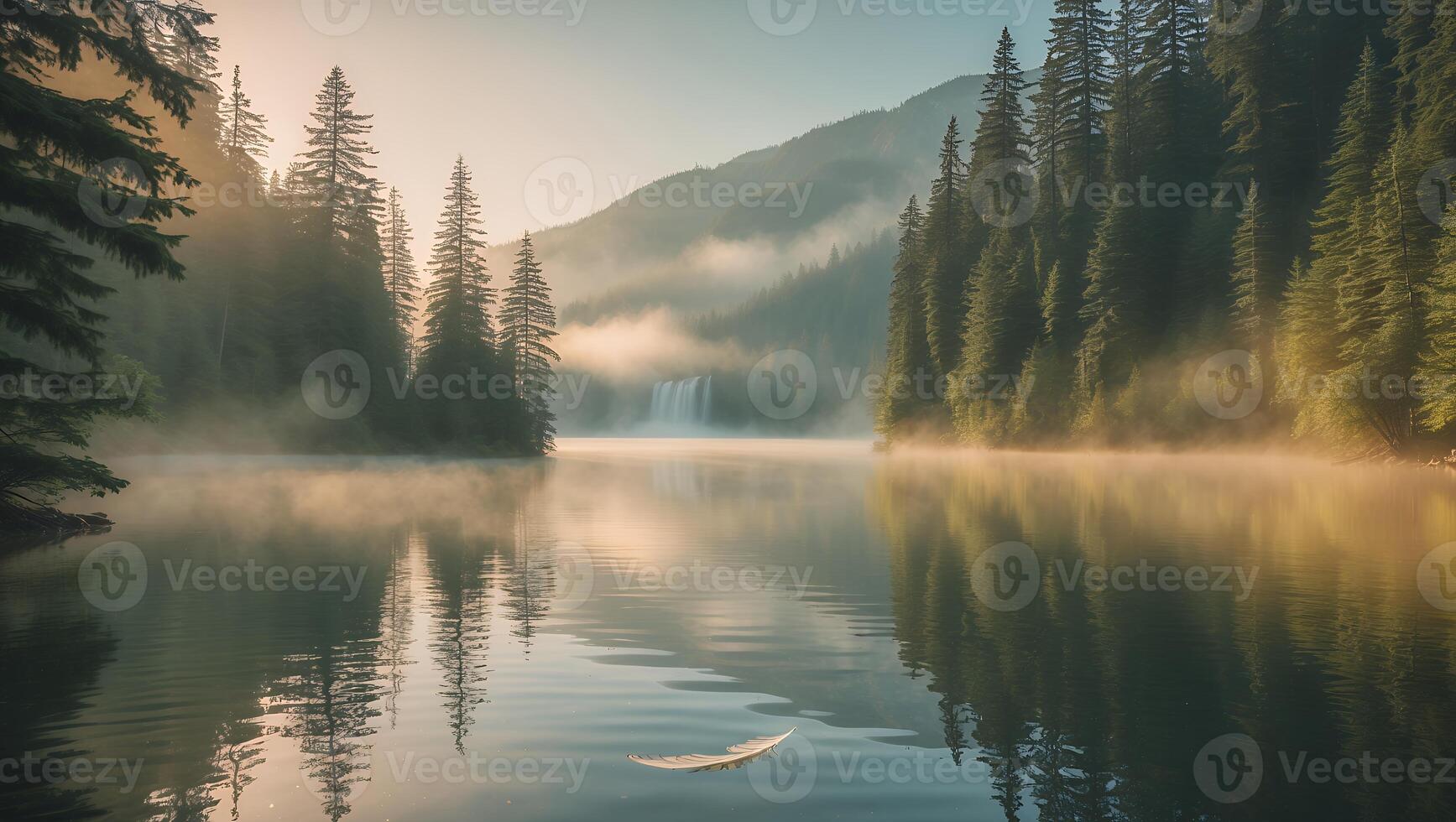 Still Lake Reflecting Trees and Fog with Distant Waterfall Nature Scene photo