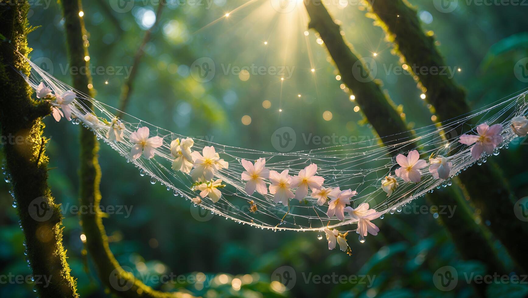 Flowers in Web with Dew Drops in Forest and Sunlight photo
