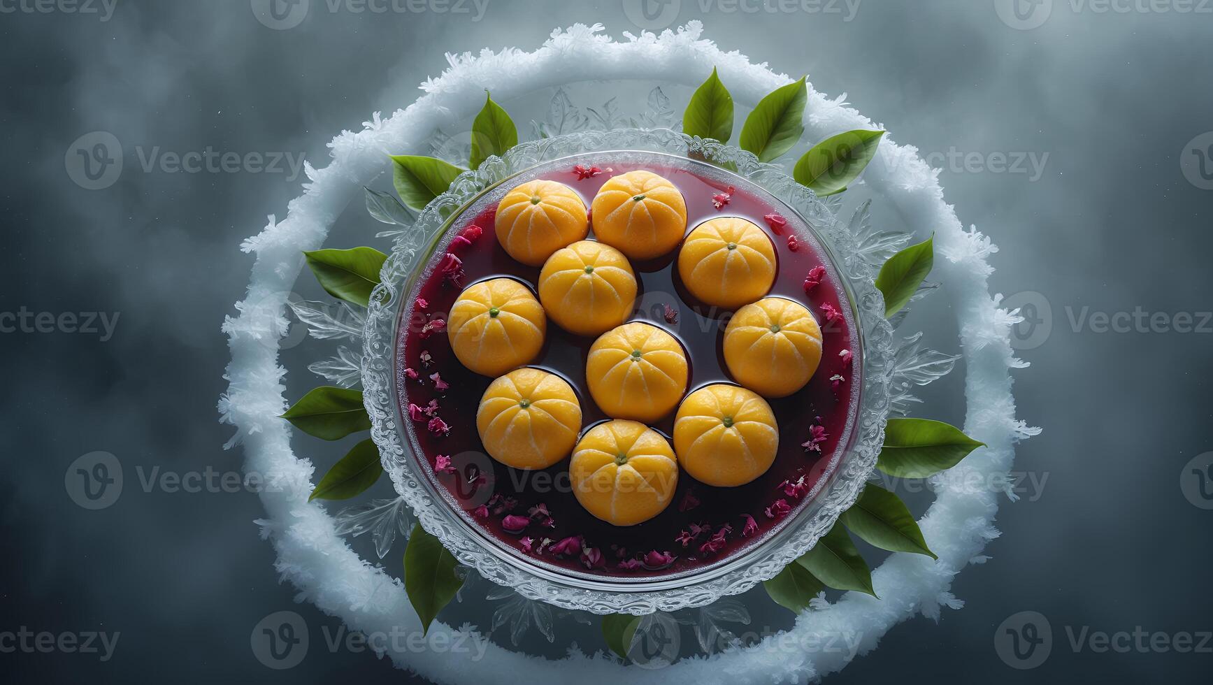 Dessert Arrangement with Spheres in Red Liquid and Decorative Elements photo