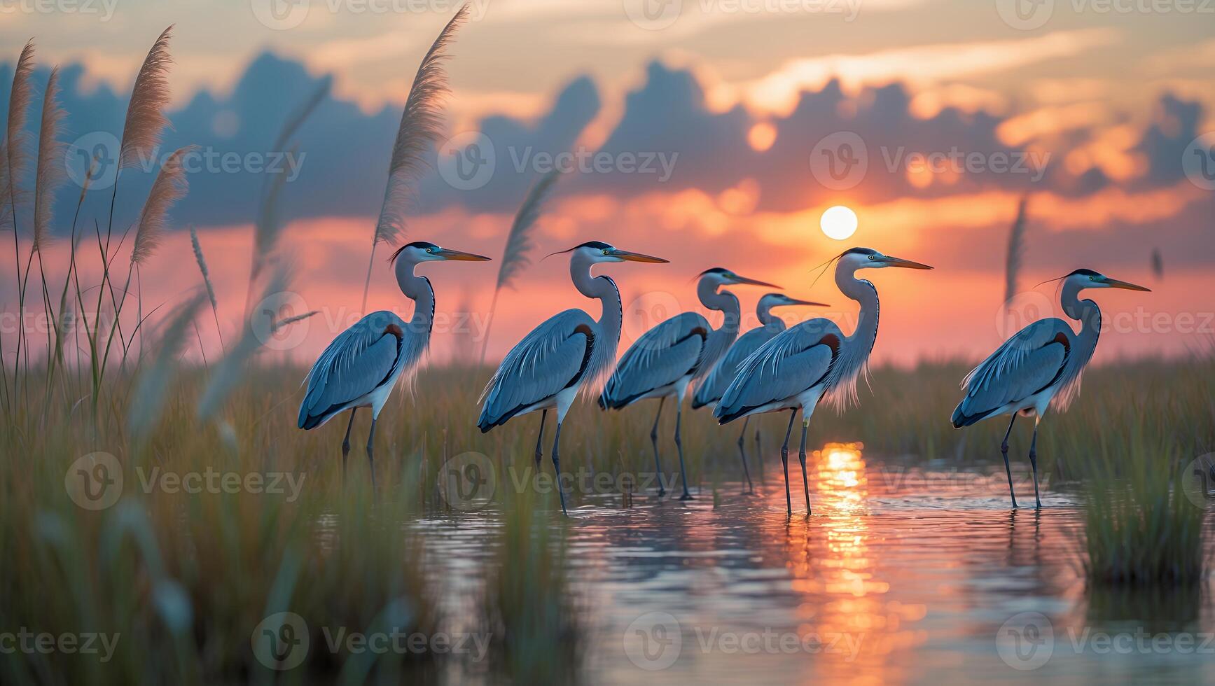 Herons Standing in Marsh at Sunset with Orange Sky Reflection photo