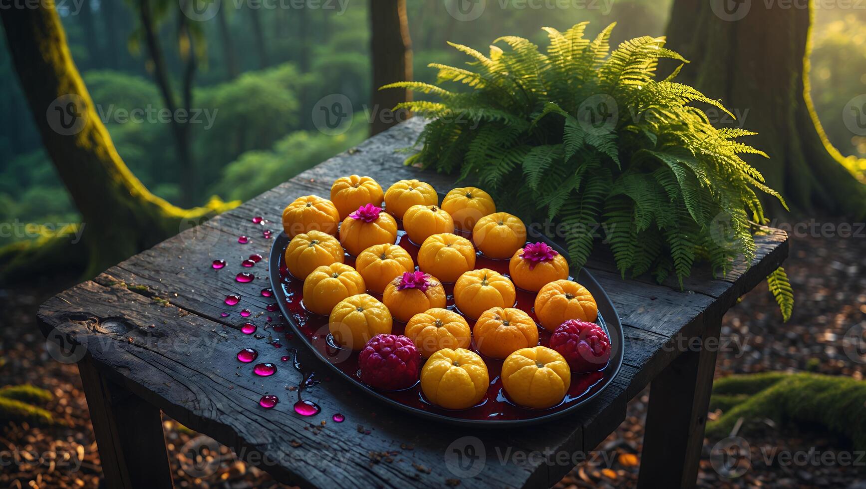 Tangerine Fruit Display with Flowers on Rustic Table in Forest photo