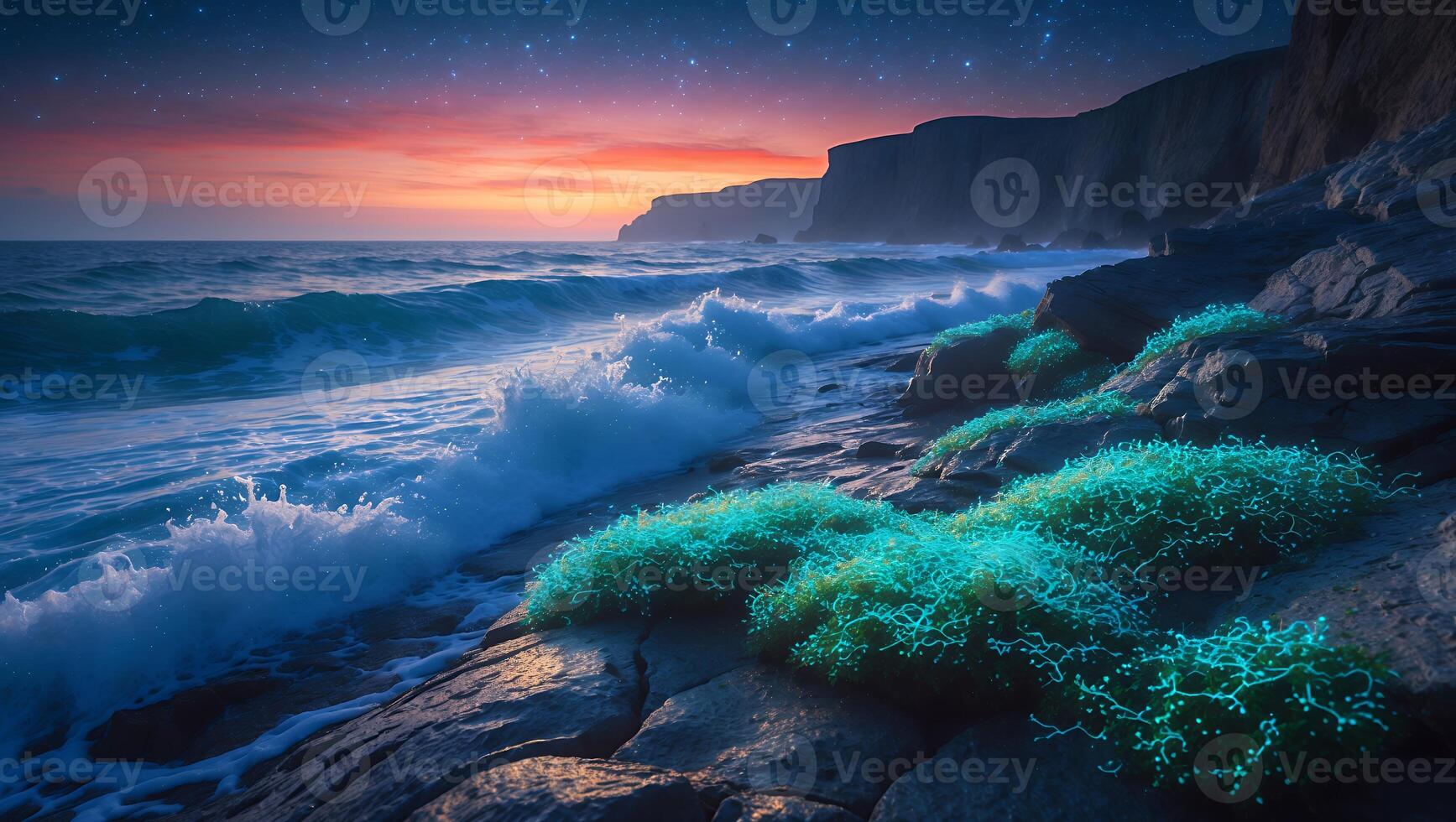 Ocean Waves Crashing on Rocky Shoreline at Sunset with Starry Sky photo