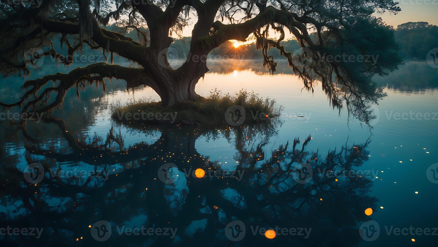 Tree in Water Reflected at Dusk Creating Serene Tranquil Scene photo
