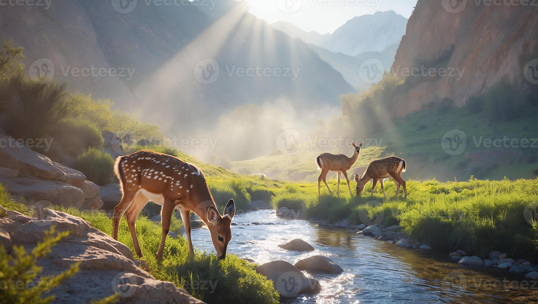 Deer Grazing by Stream in Mountain Valley Bathed in Sunlight photo