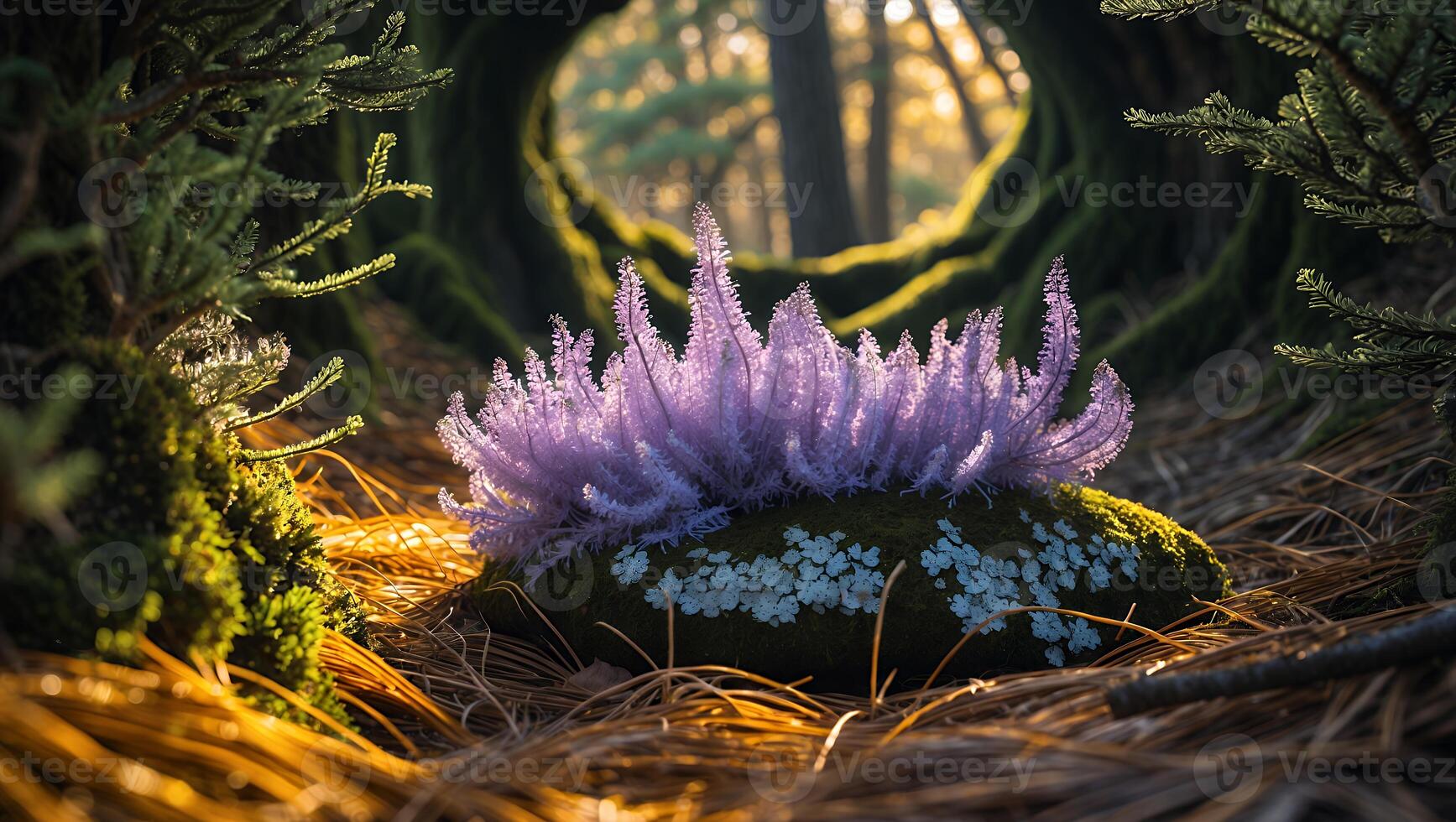 Lavender Flower on Mossy Rock in Forest with Golden Light photo