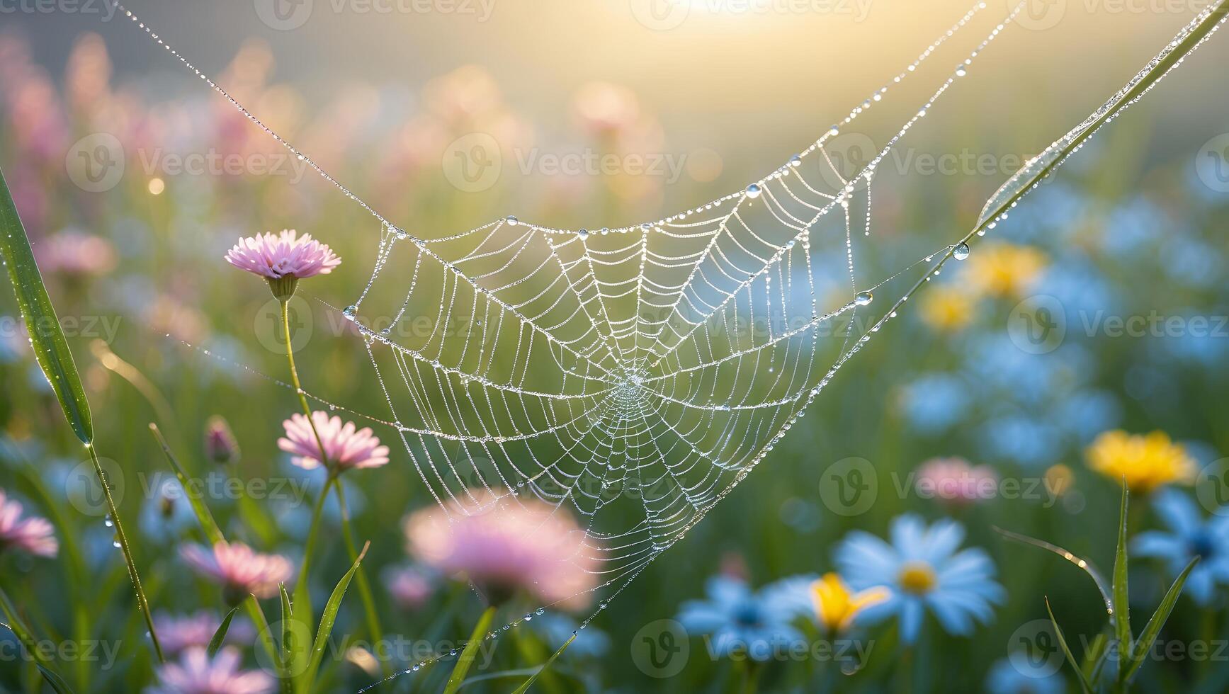 A spider web is surrounded by flowers and dew photo
