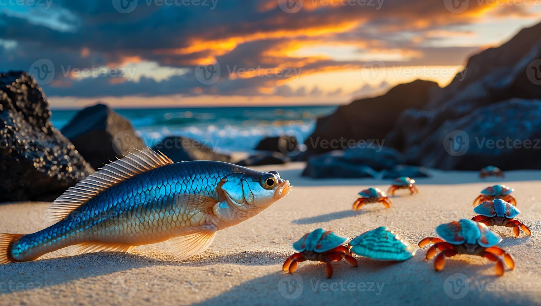 Fish on Sandy Beach Encountering Crabs at Sunset Seaside Scenery photo