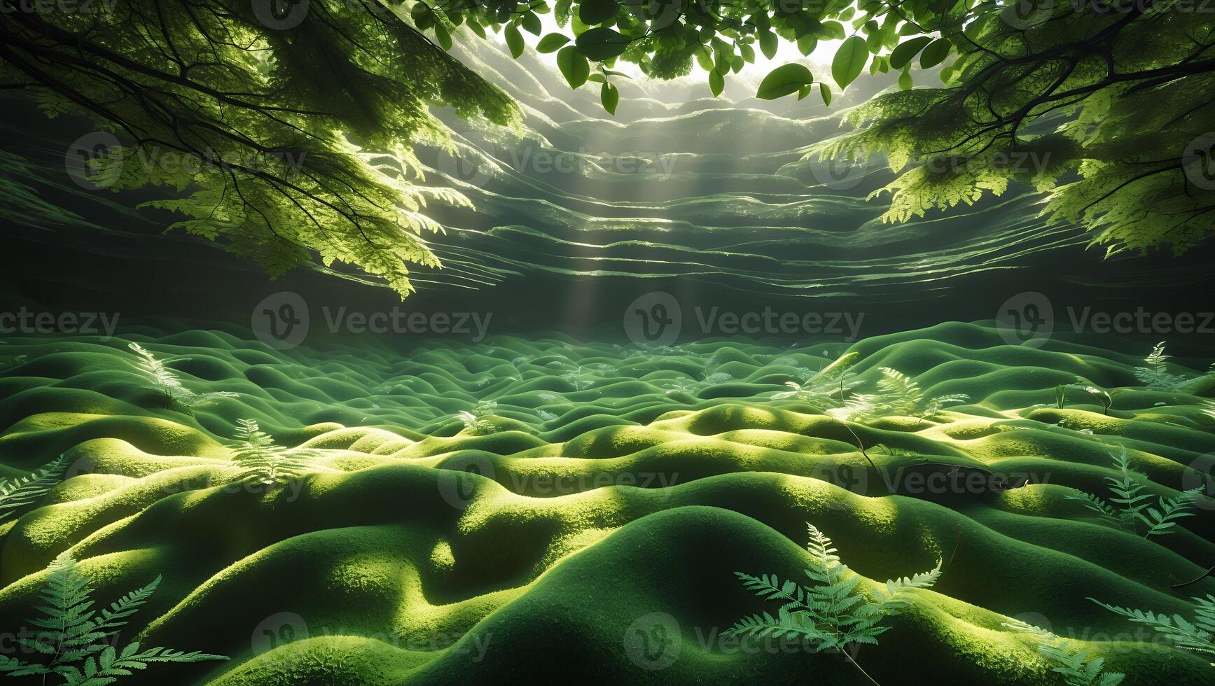 Green Landscape with Ferns and Rolling Hills Bathed in Sunlight photo