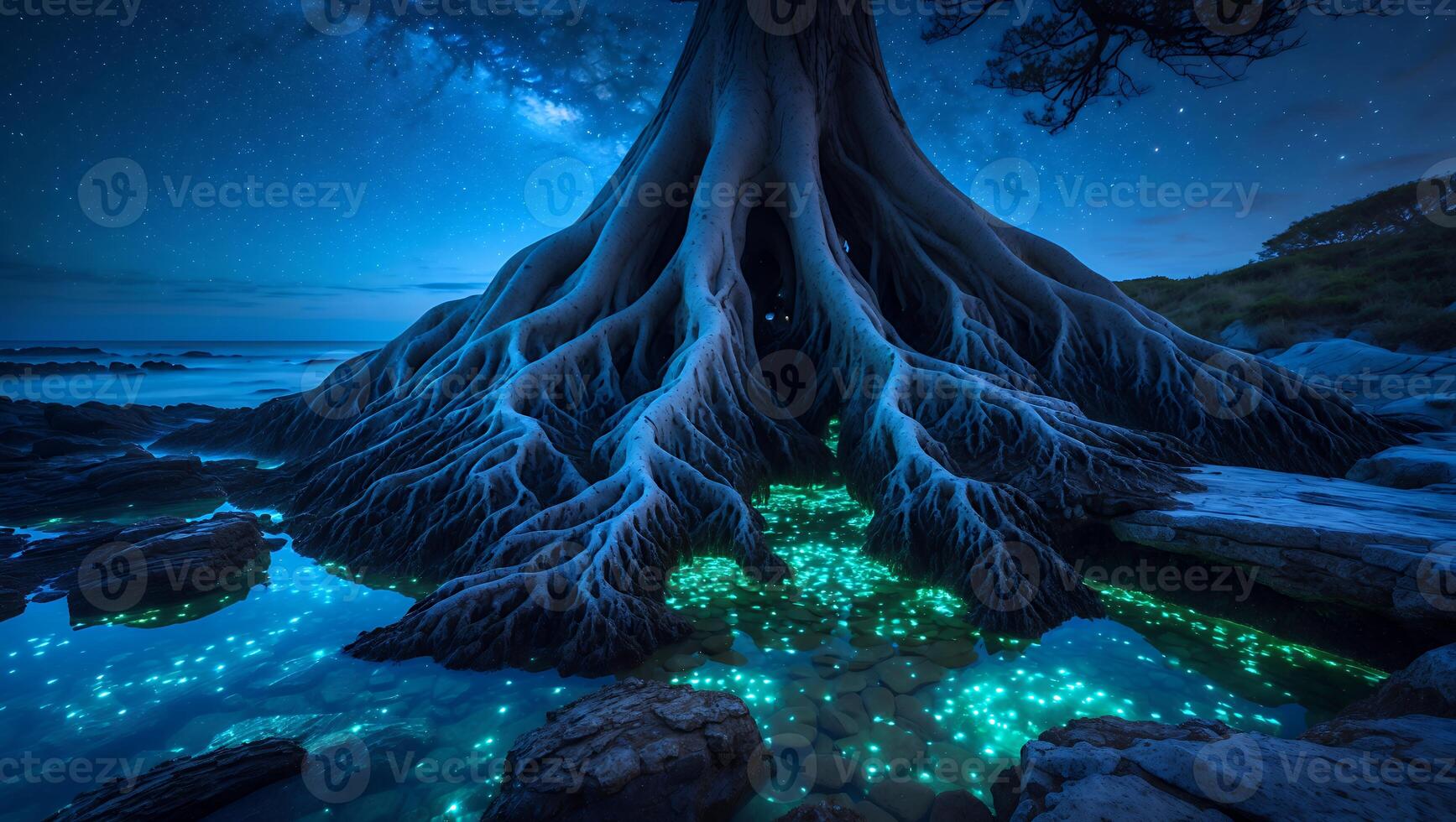 Tree Root Glow with Bioluminescence Under Night Sky Near Ocean photo