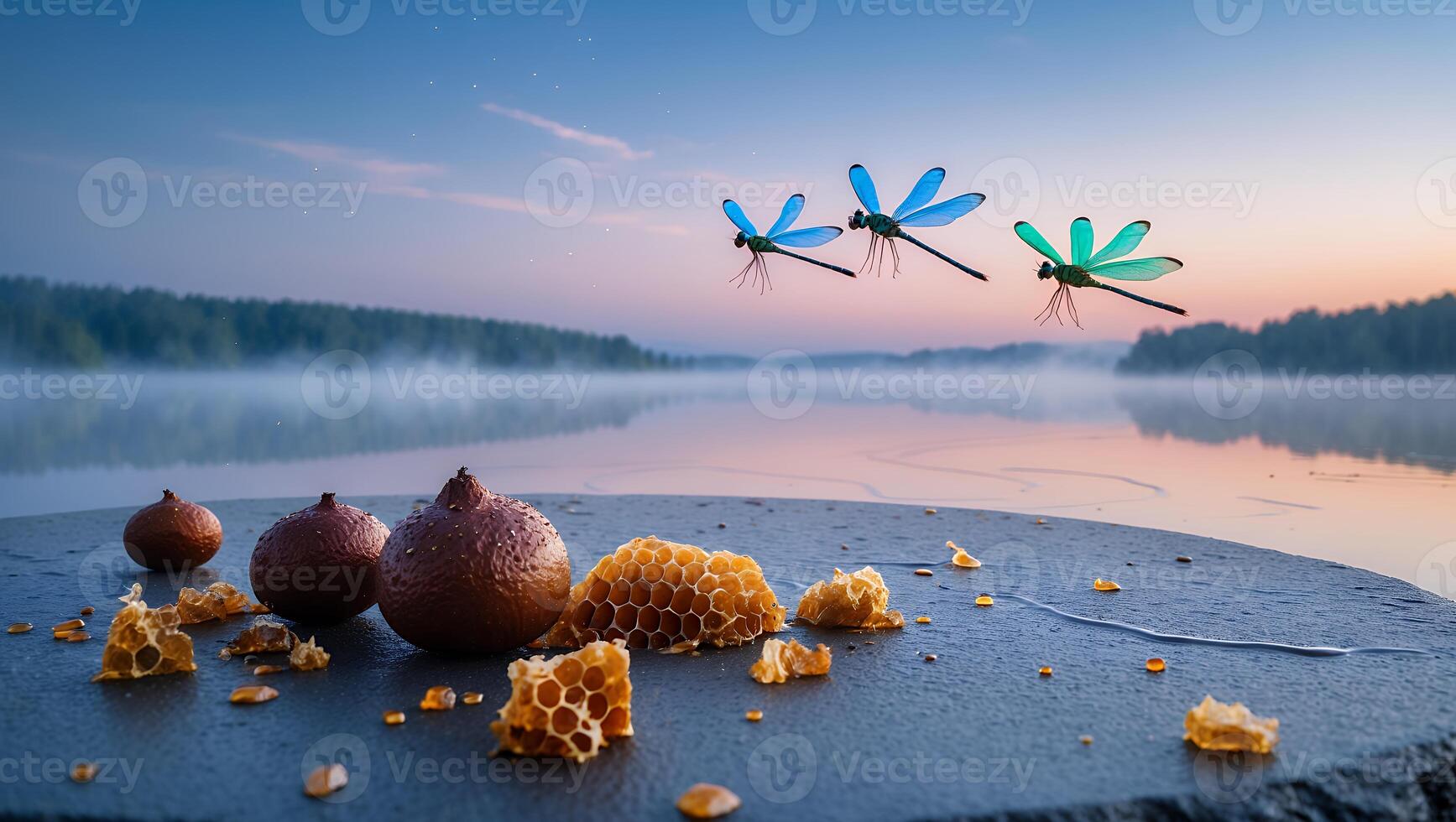 Honeycomb and Fruit by Misty Lake with Flying Dragonflies photo