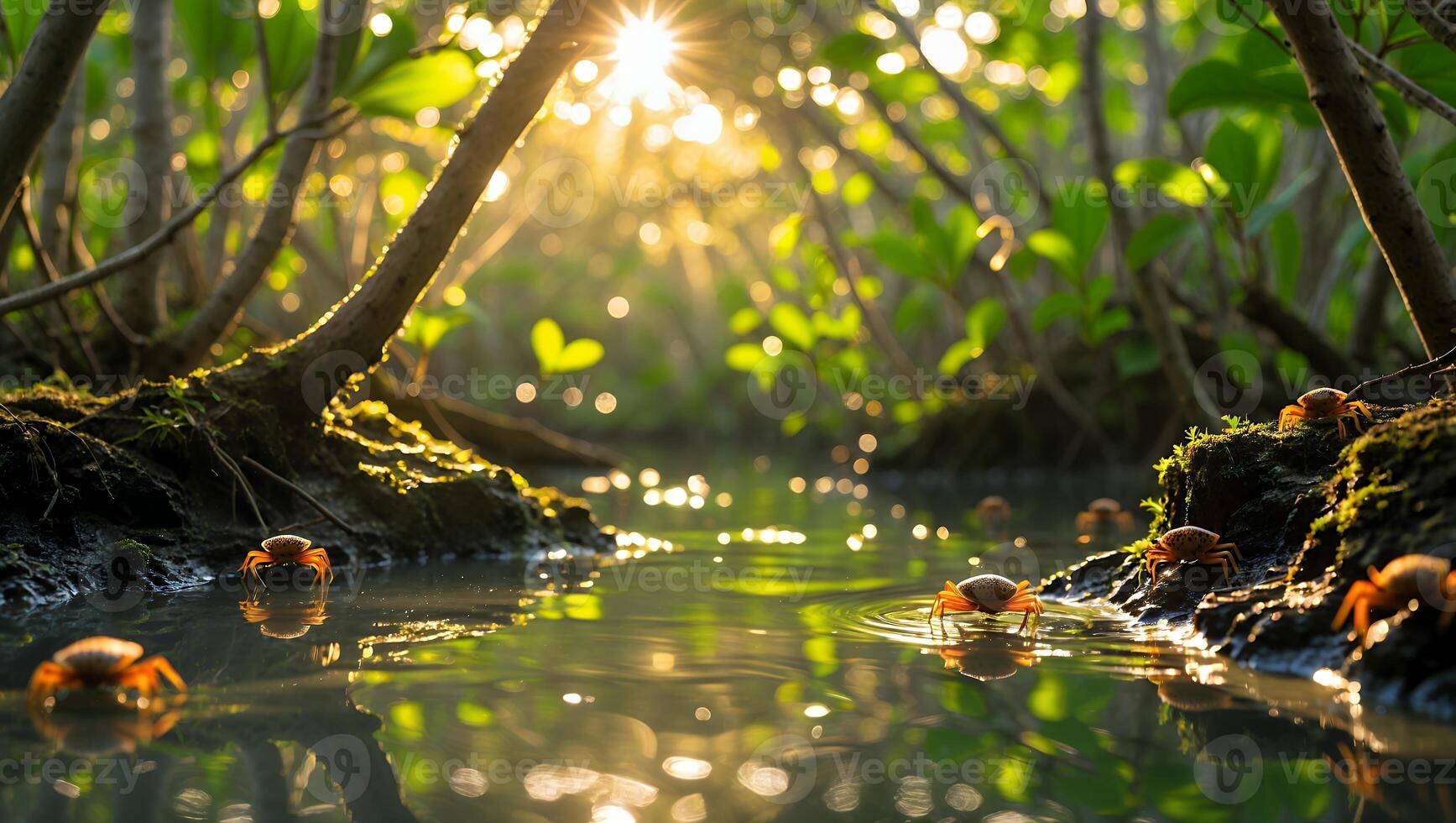 Crabs Emerging in Mangrove Forest with Sunlight Reflecting in Water photo