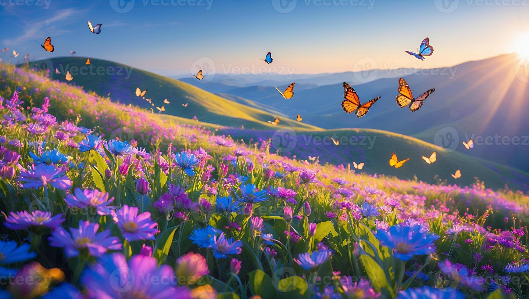 Butterflies Flying Over a Flower Meadow in a Mountainous Landscape photo