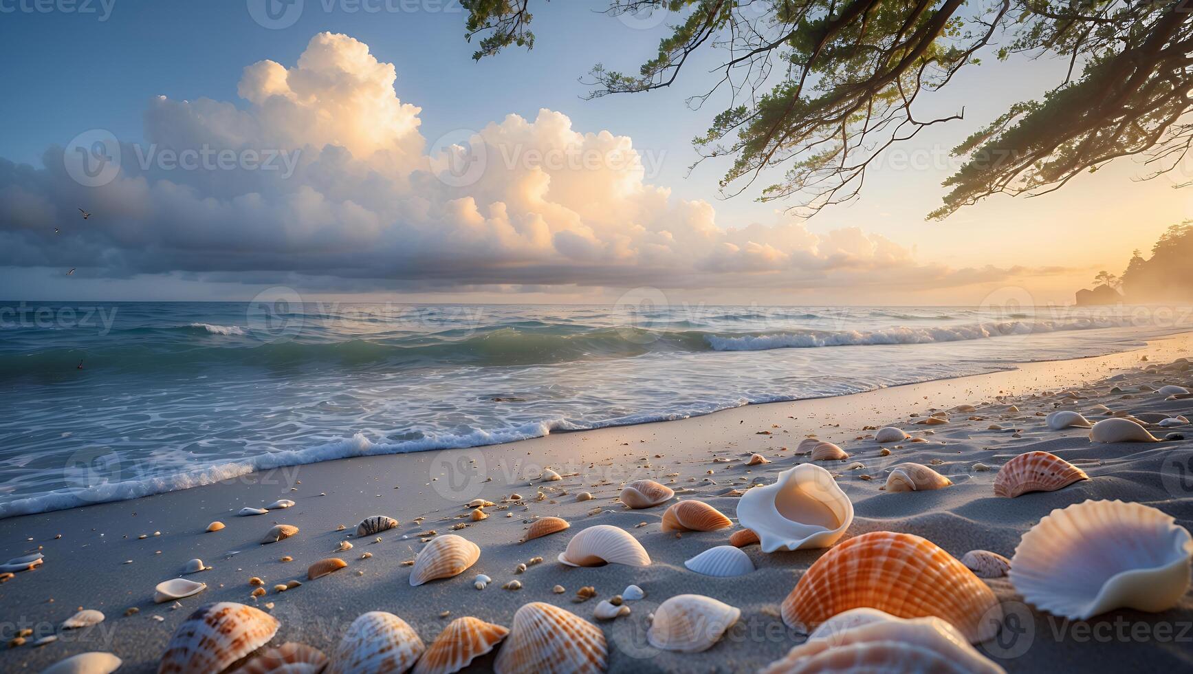 Seashells on Beach at Sunset Calm Ocean Waves Gentle Light photo