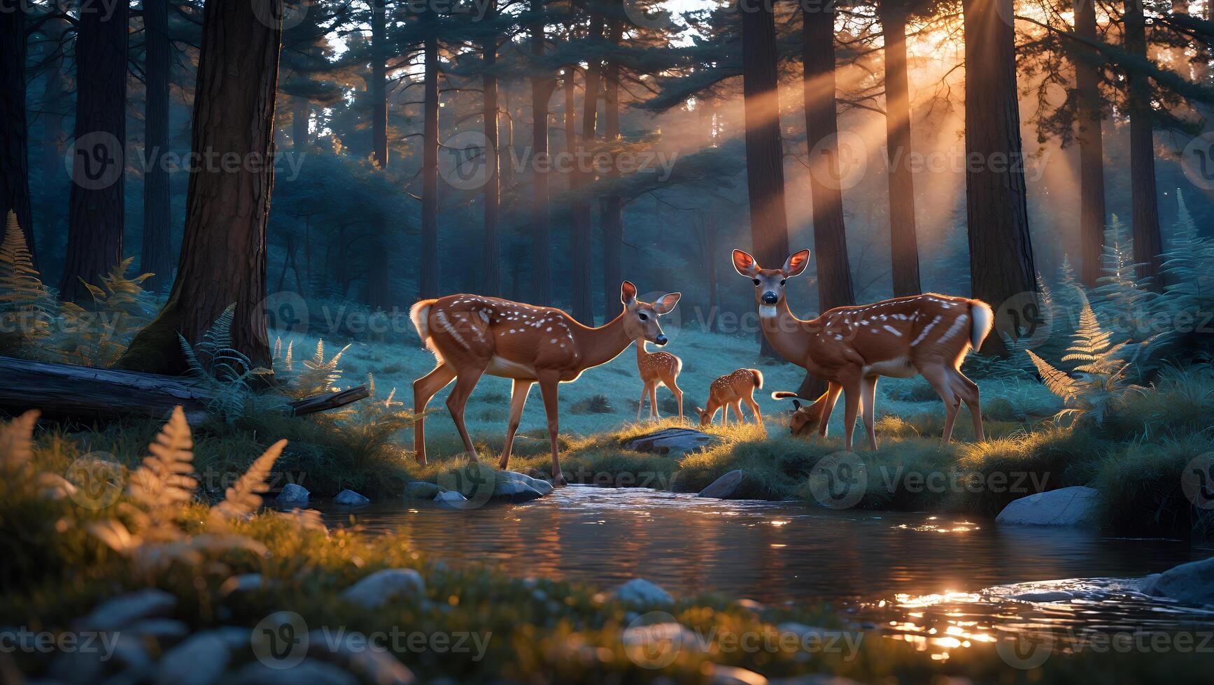 Deer Family Drinking From Stream in Sunny Forest Landscape Scene photo