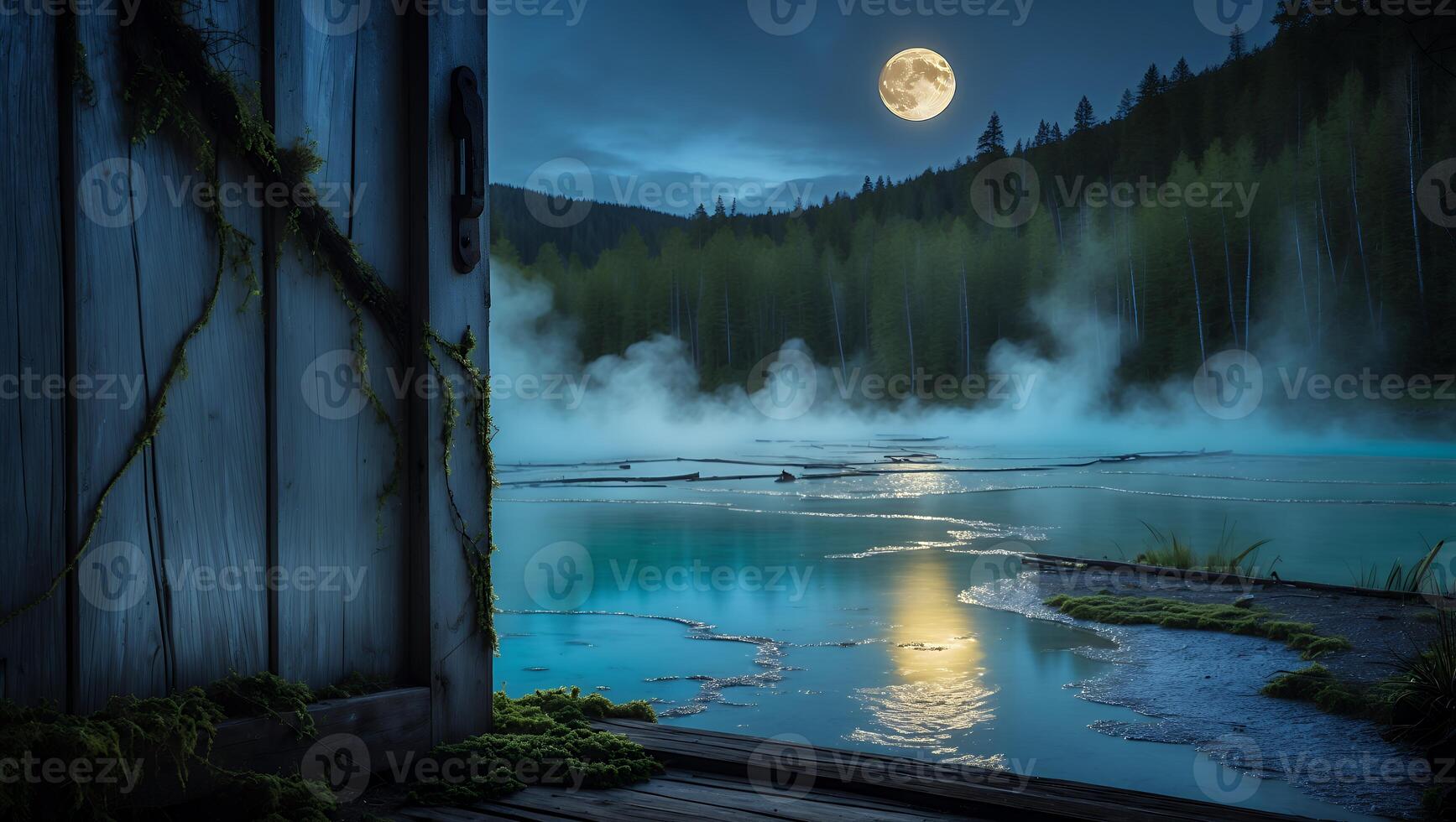 Door Opens to Mystical Lake Scene with Fog and Full Moon photo