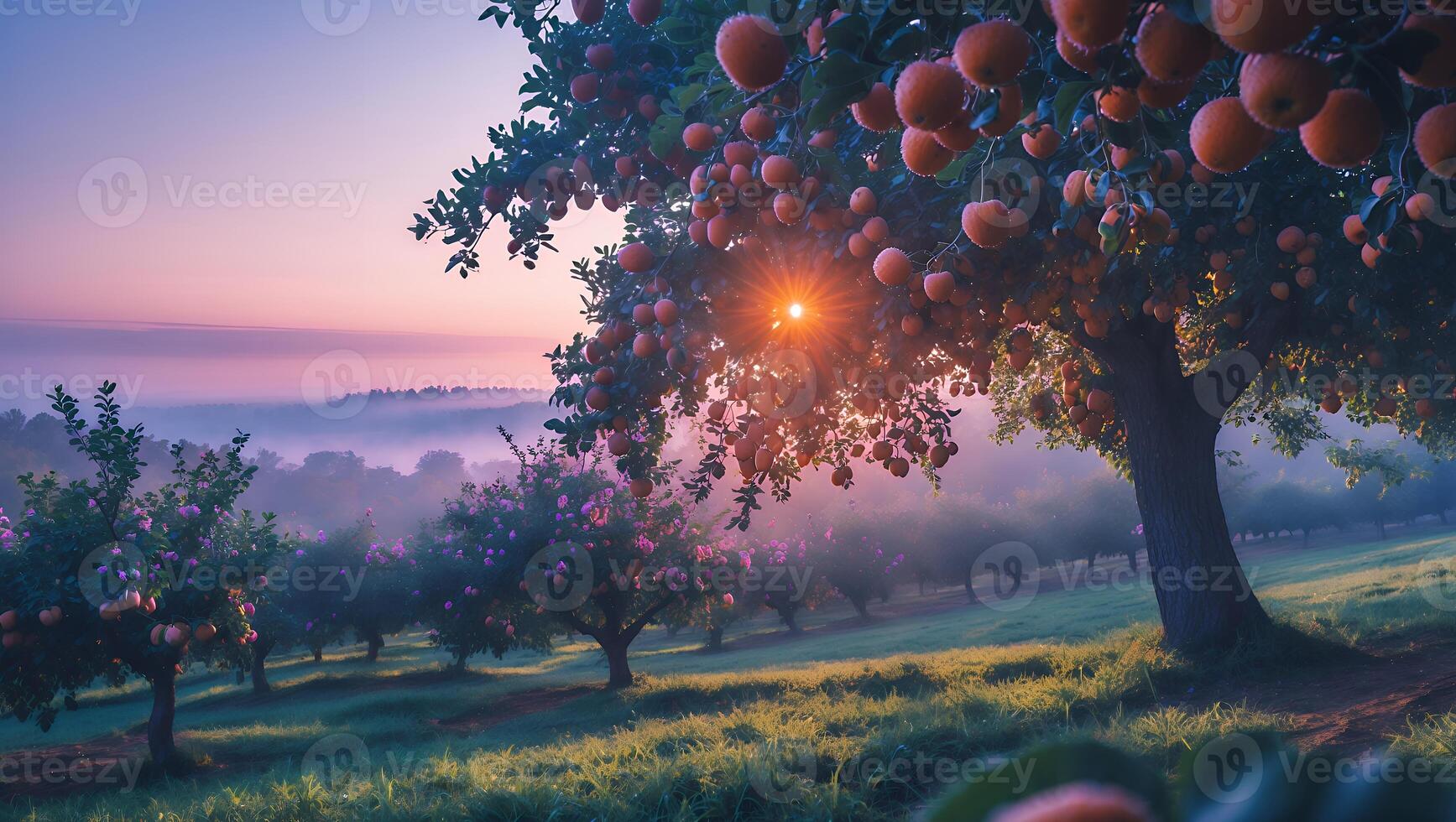 Walking Through Orchard at Sunrise with Fog and Light Rays photo