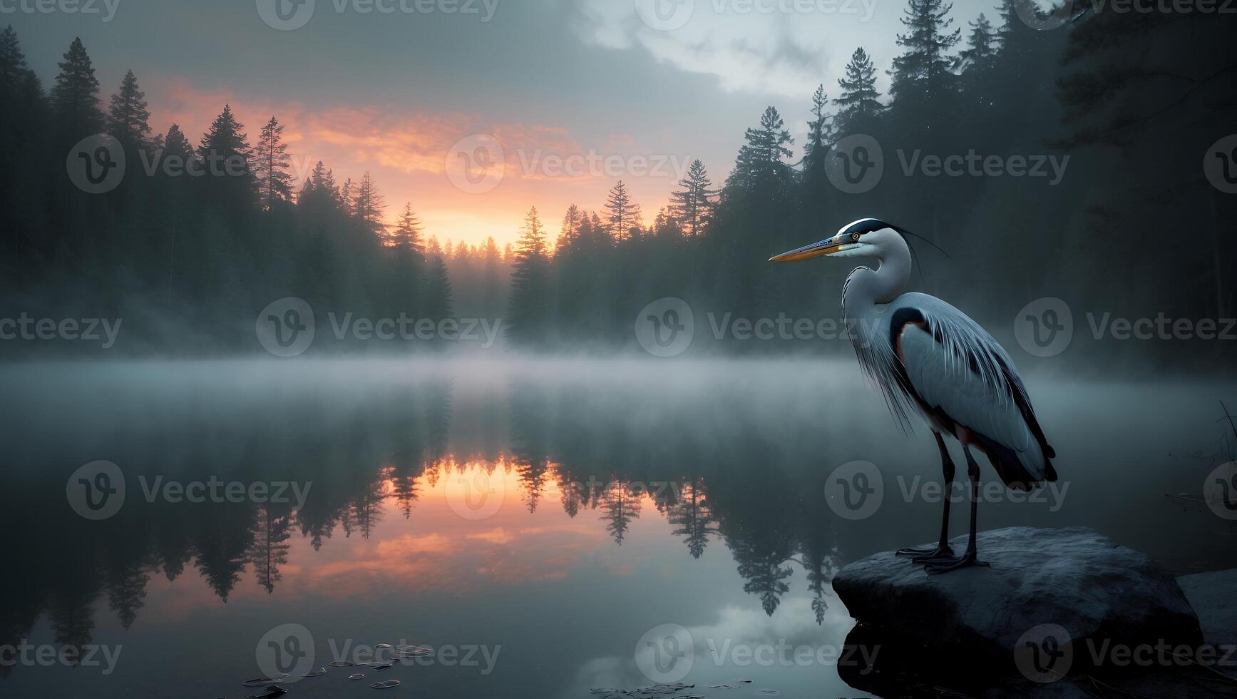 Heron Standing on Rock at Misty Lake Sunrise Reflections photo