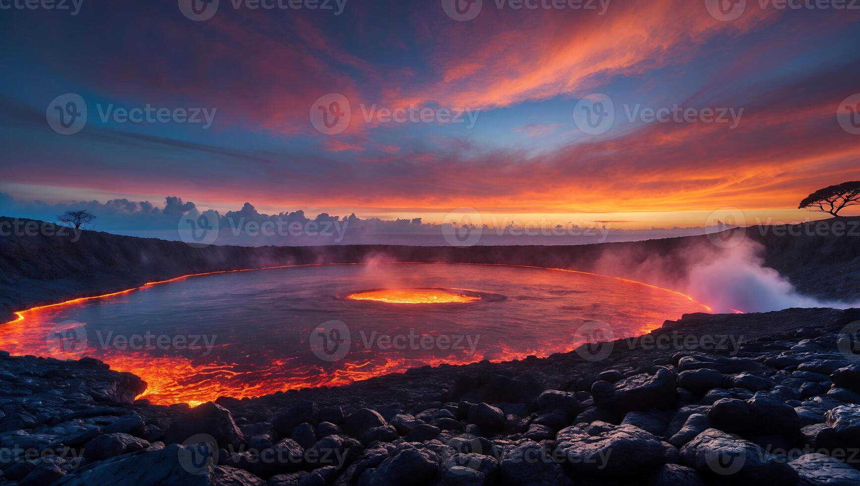Molten Lava Lake Landscape at Sunset with Dramatic Sky Reflection photo