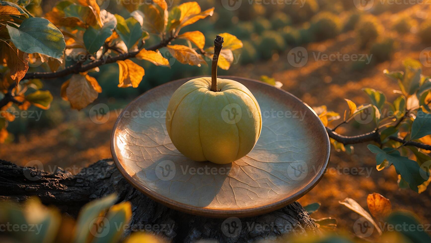 Yellow Apple on Plate with Golden Autumn Leaves in Background photo