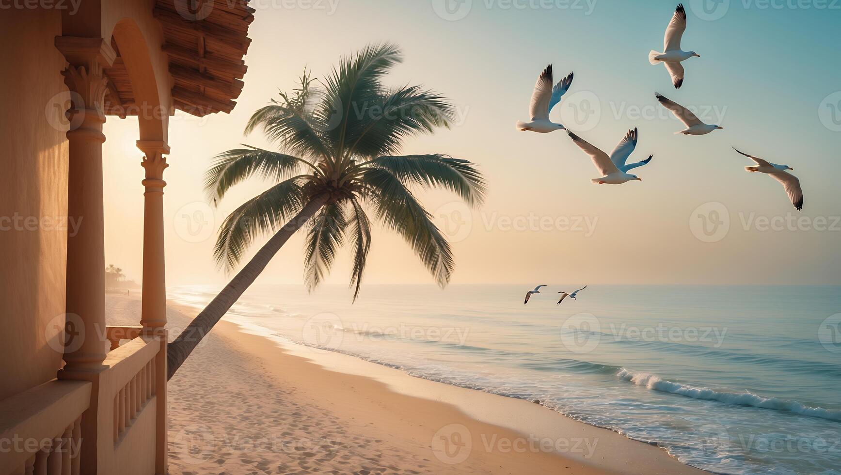 Relaxing Ocean View with Palm Tree, Birds, and Golden Light photo