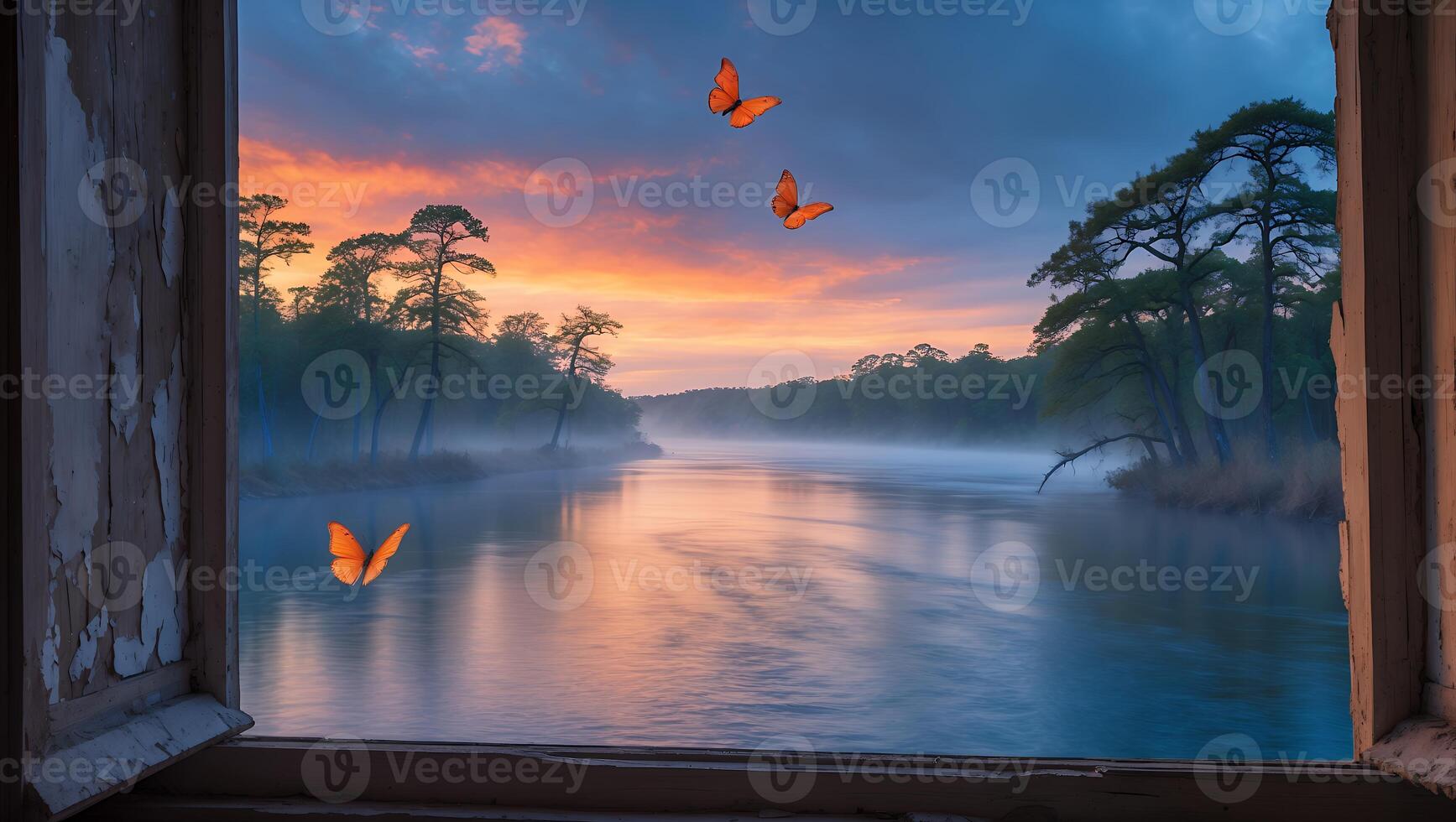 Scenic River View at Sunset with Butterflies Through Open Window photo