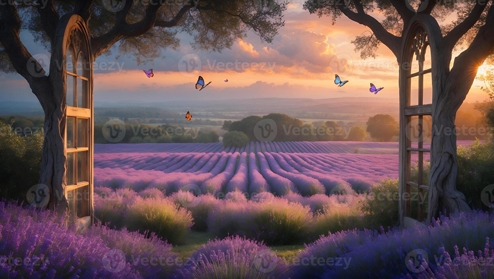 Lavender Field View Through Window with Butterflies at Sunset photo