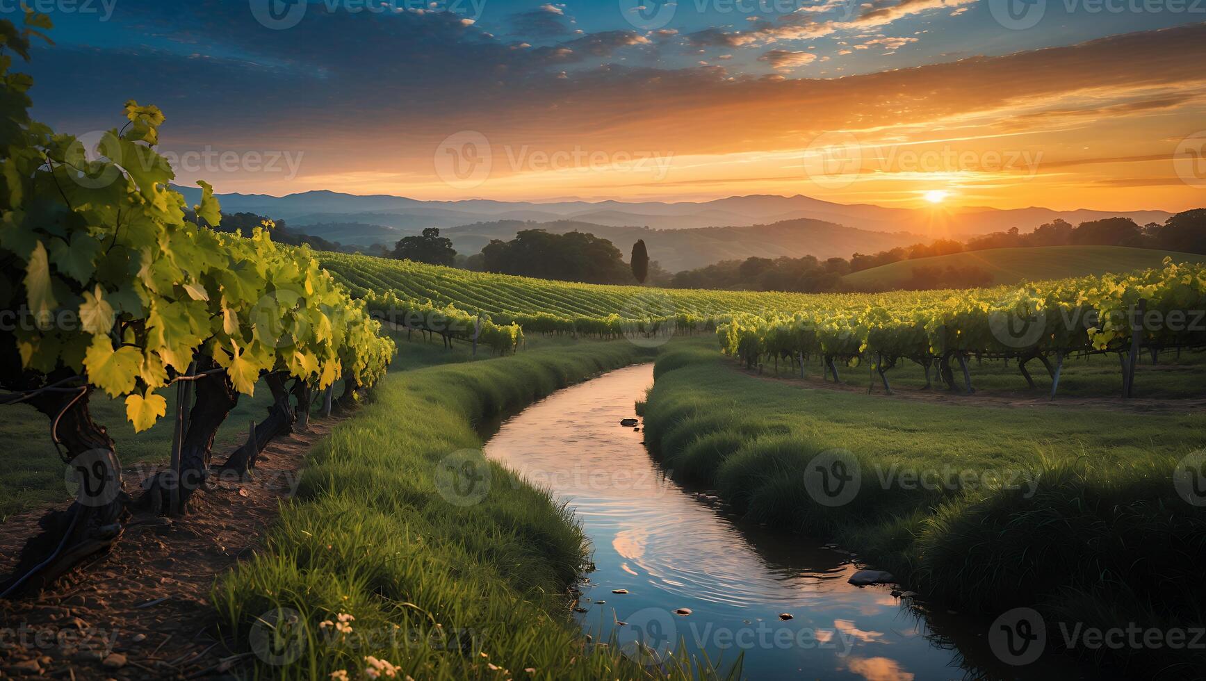 Vineyard Stream at Sunset Serene Landscape with Rolling Hills photo