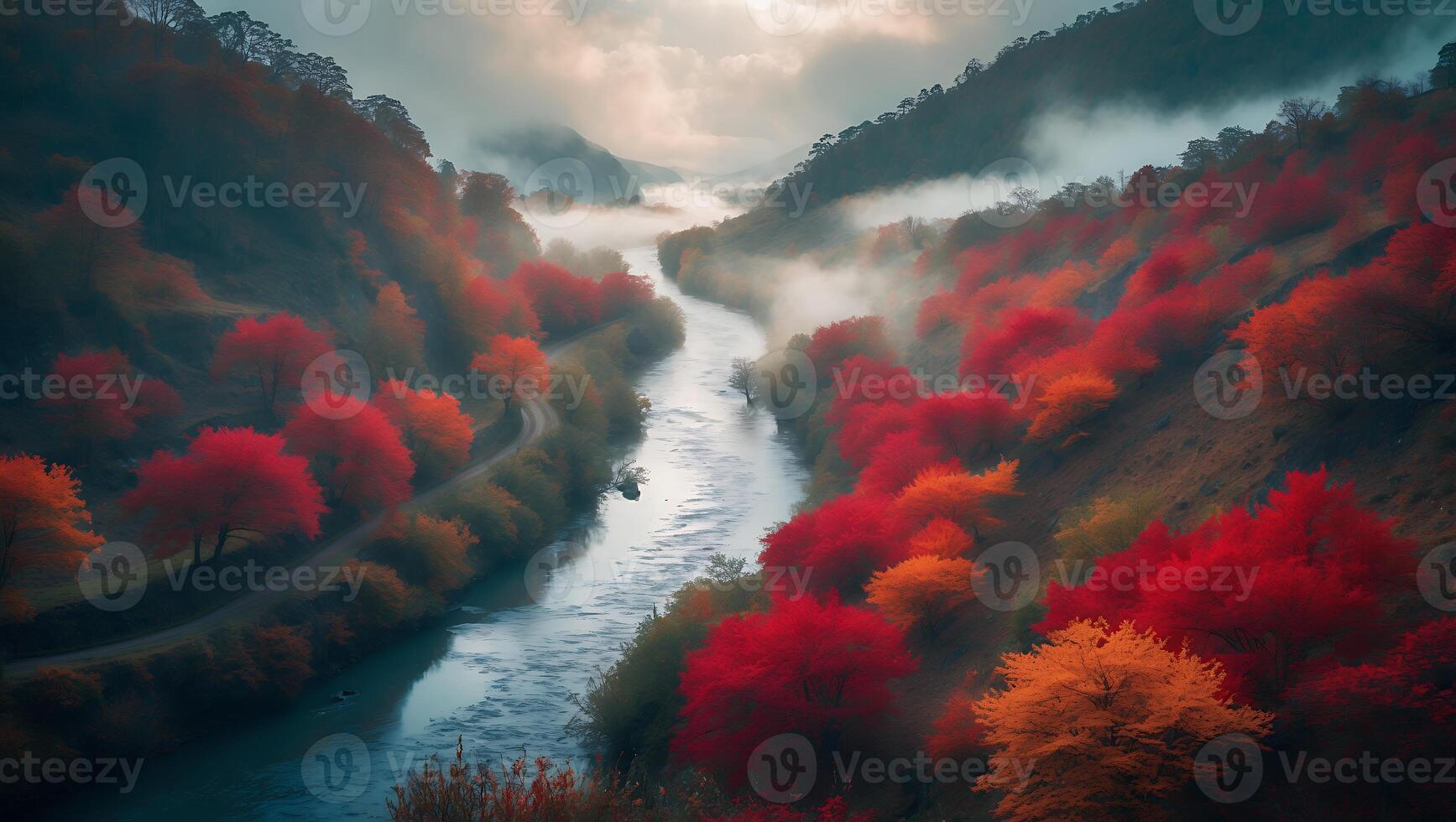 Scenic River Flowing Through Autumnal Forest Landscape with Foggy Mountains photo