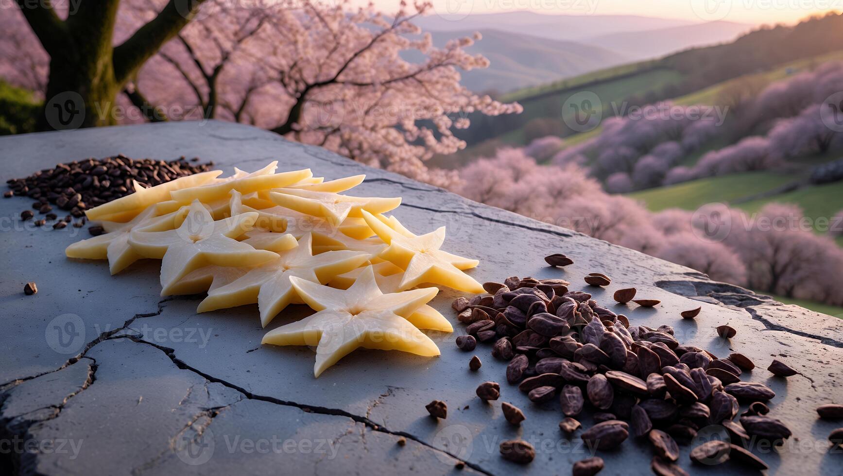 Arrangement of Star Fruit Slices and Cocoa Beans with Scenic Backdrop photo