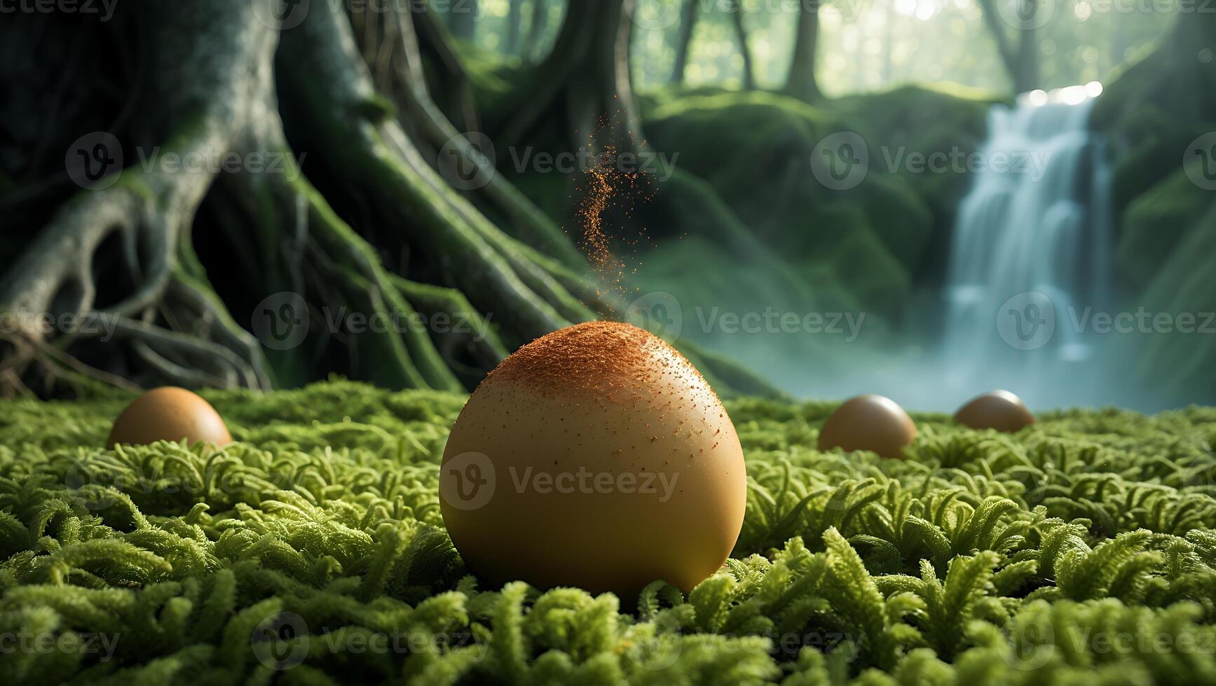 Sphere with Powder in Forest with Waterfall and Mossy Ground photo