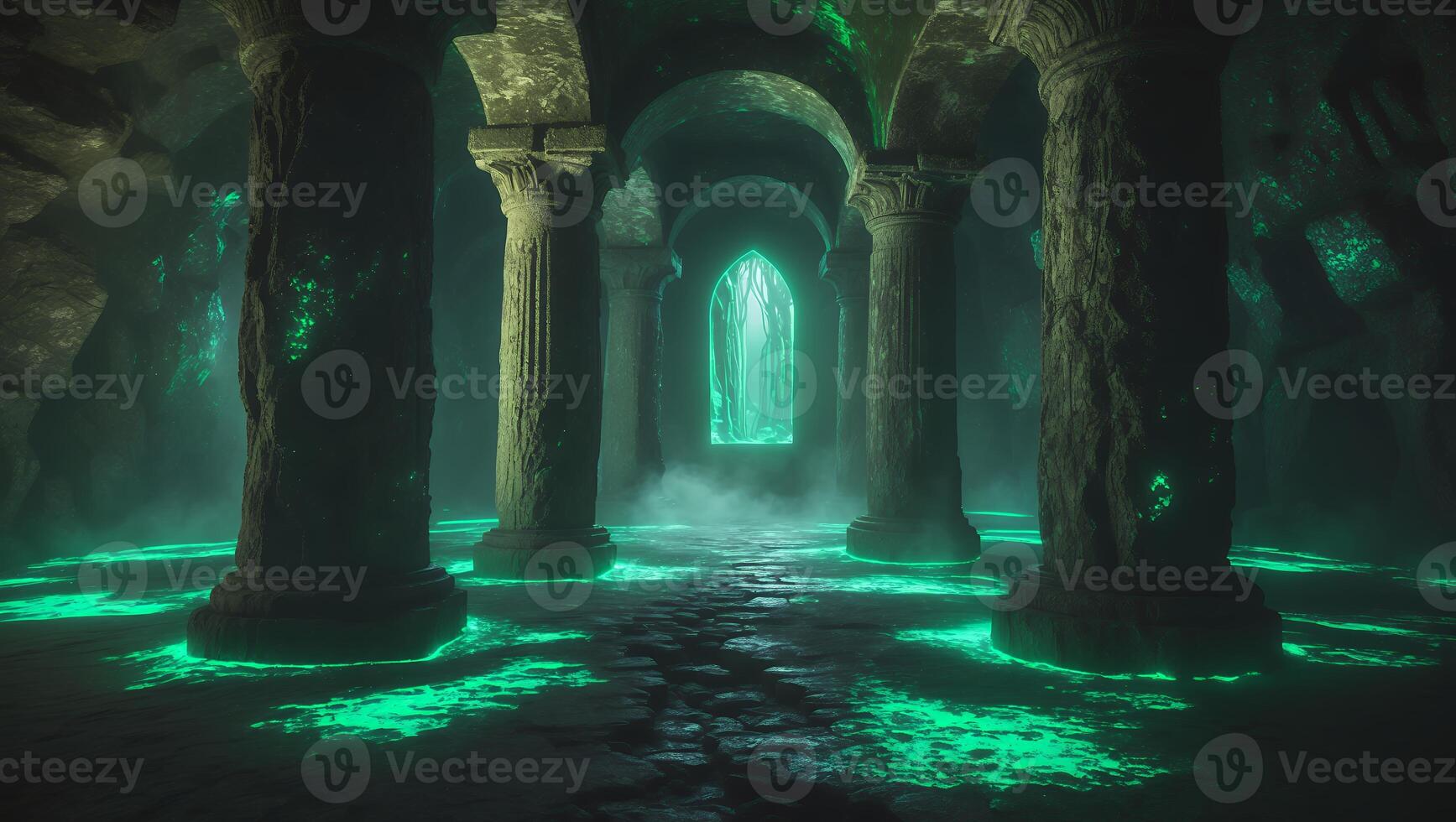 Illuminated Columns Glow Green Inside Ancient Stone Hallway Interior photo