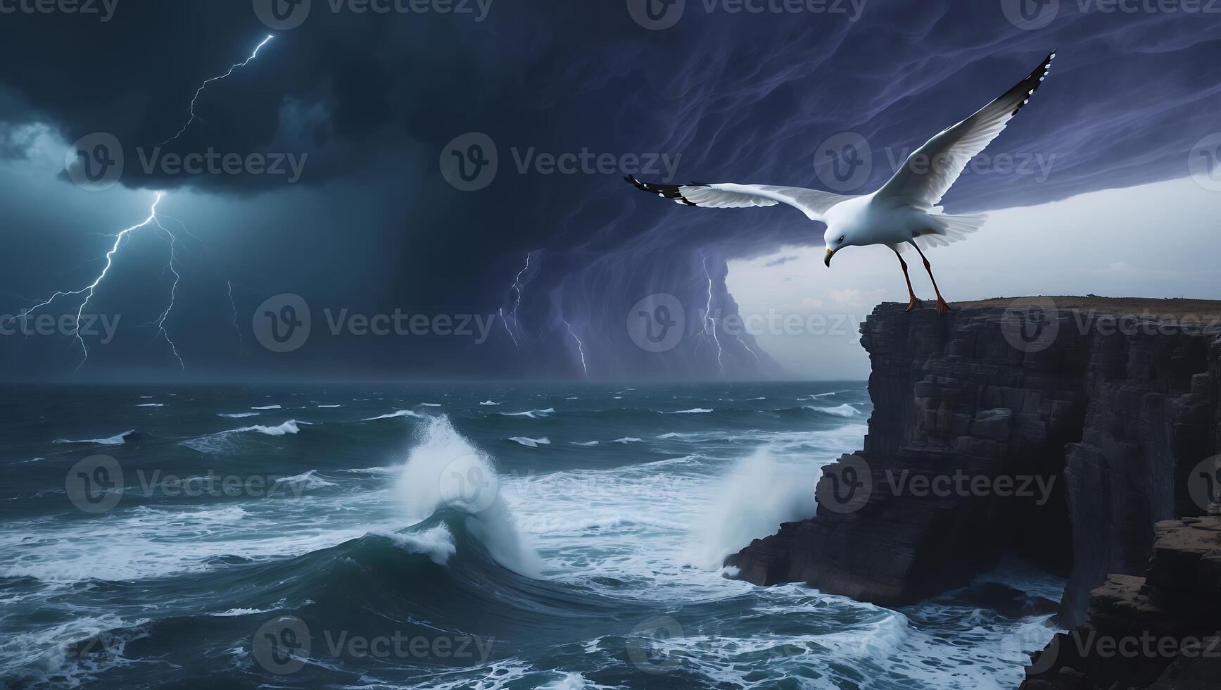 Seagull Readying to Fly From Cliffside During a Coastal Storm photo