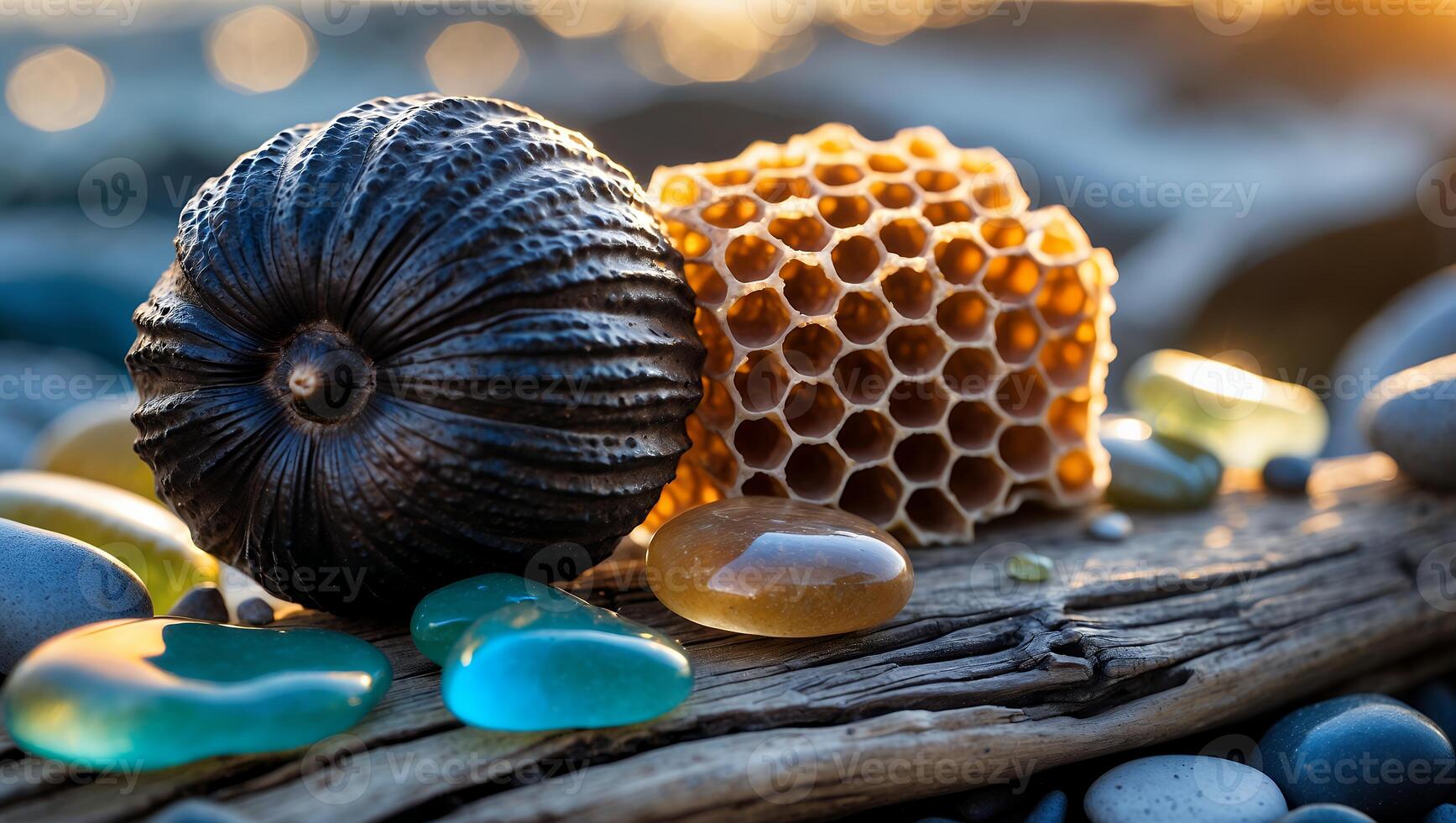 Arrangement of Natural Elements Like Honeycomb, Wood, and Smooth Stones photo