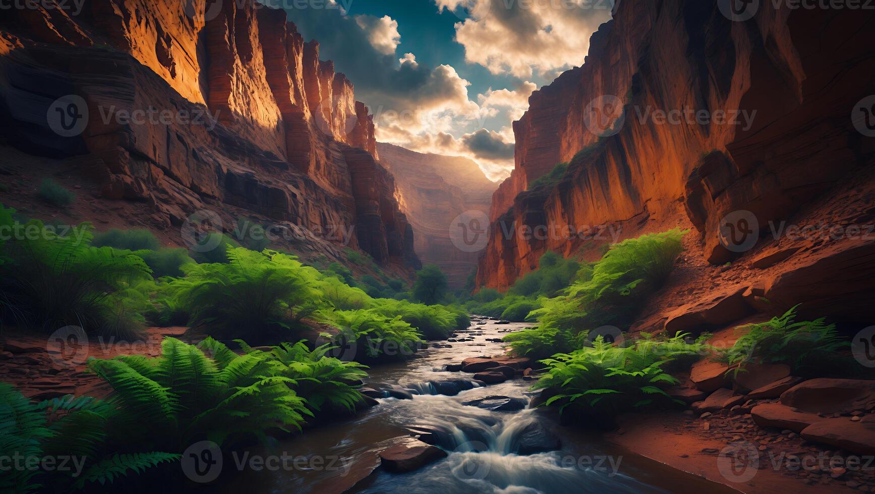 Canyon Stream Flowing Through Lush Ferns Landscape with Warm Light photo