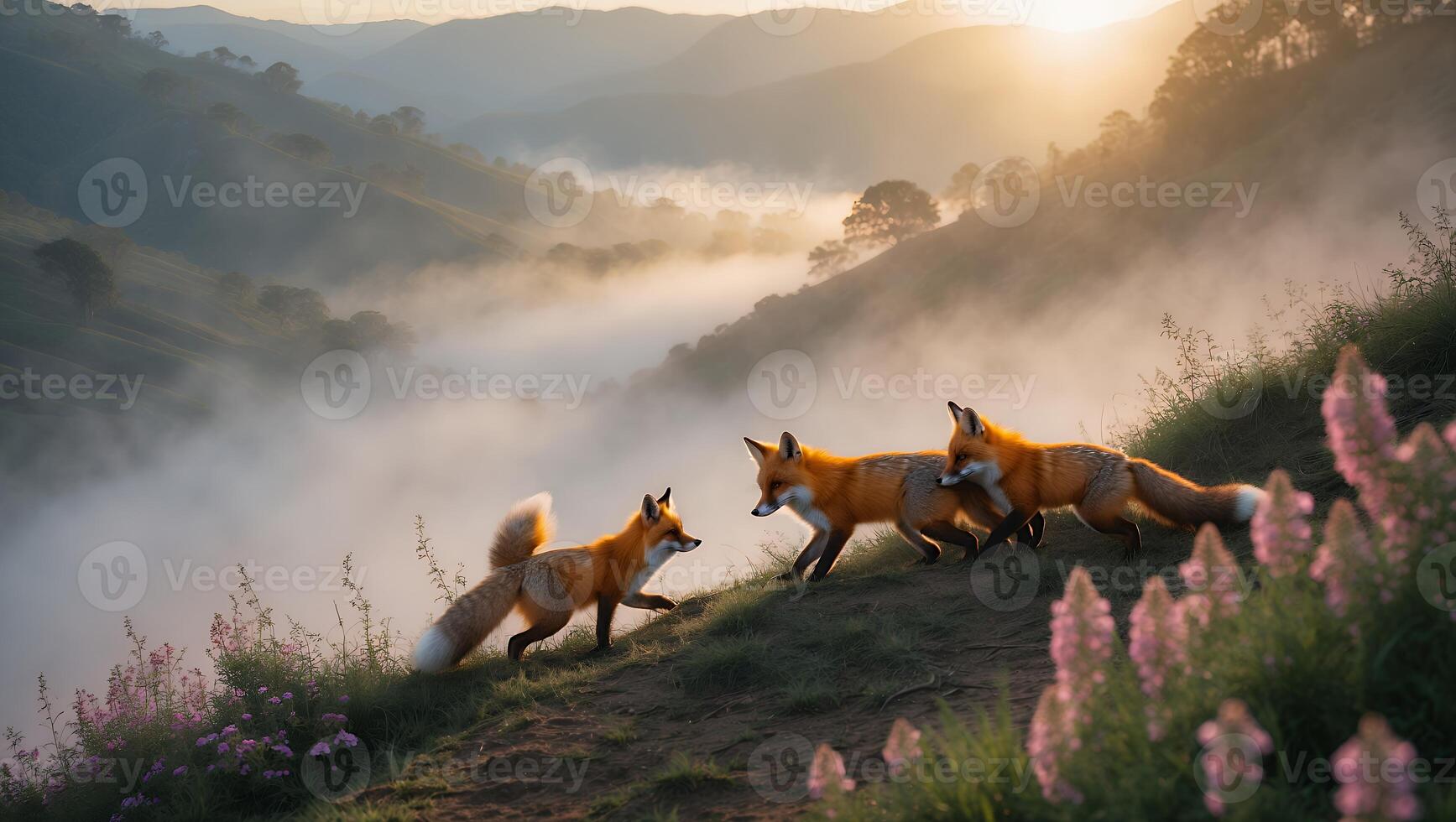 Foxes Playing on Hillside Overlooking Valley Filled with Morning Mist photo