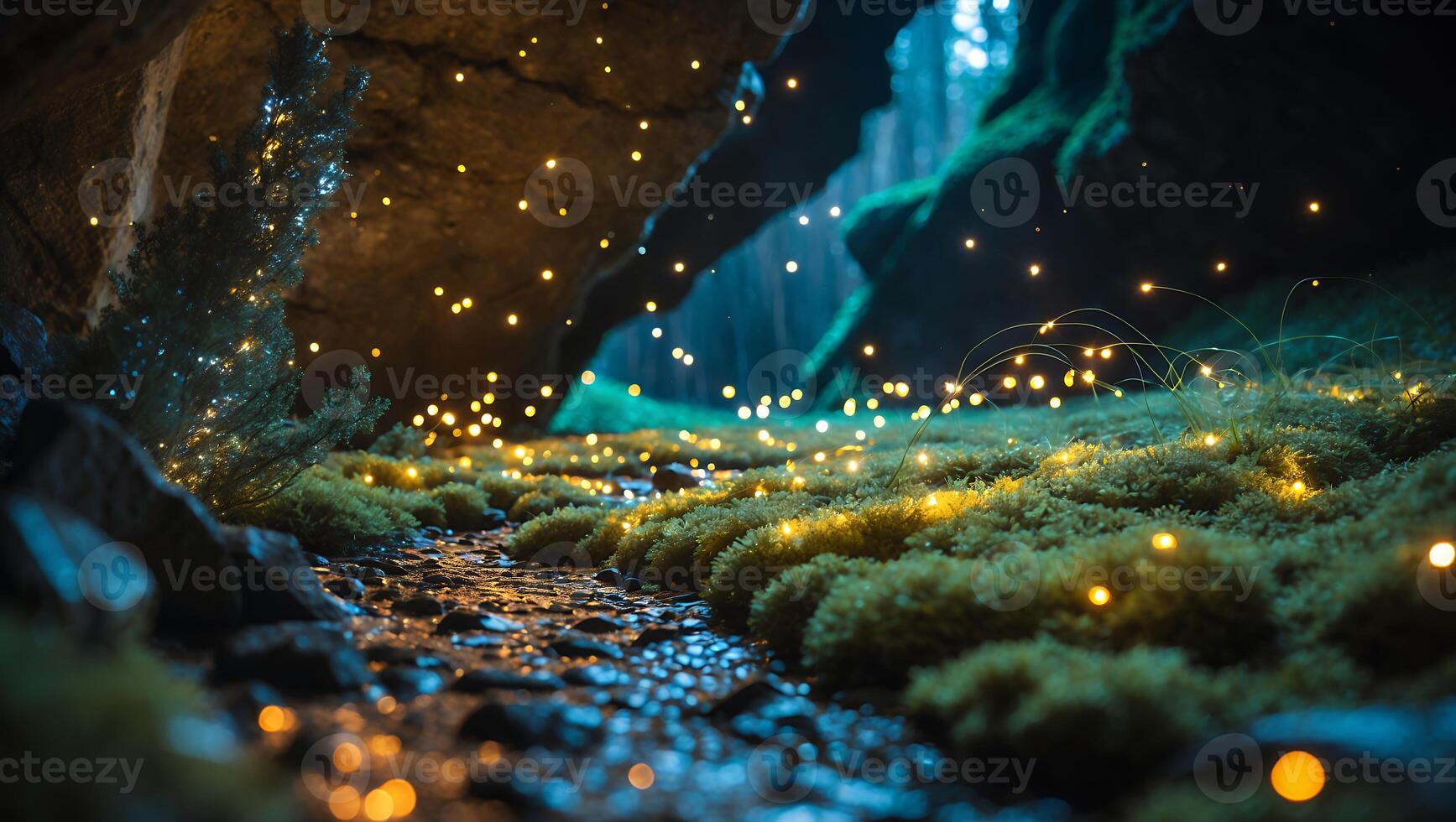 Glowing Lights Illuminate Mossy Forest Ground with Stream Landscape Scene photo