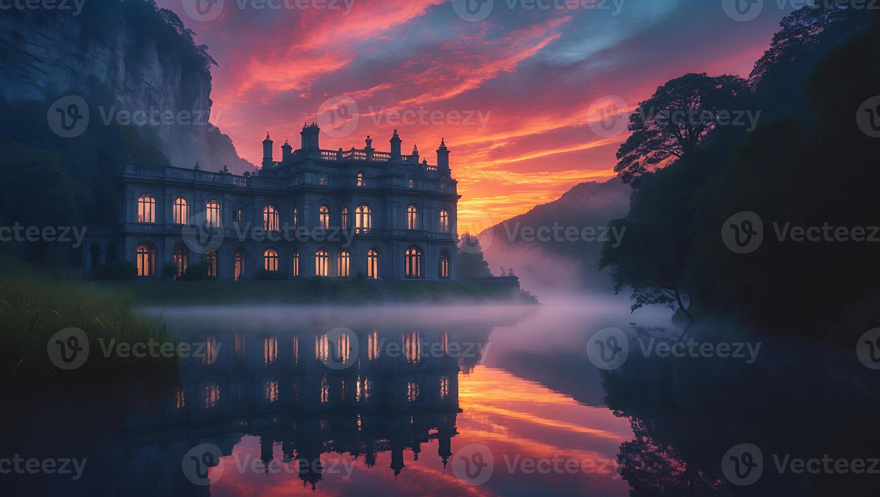 Mansion Reflecting on Water at Sunset with Fog and Mountains photo