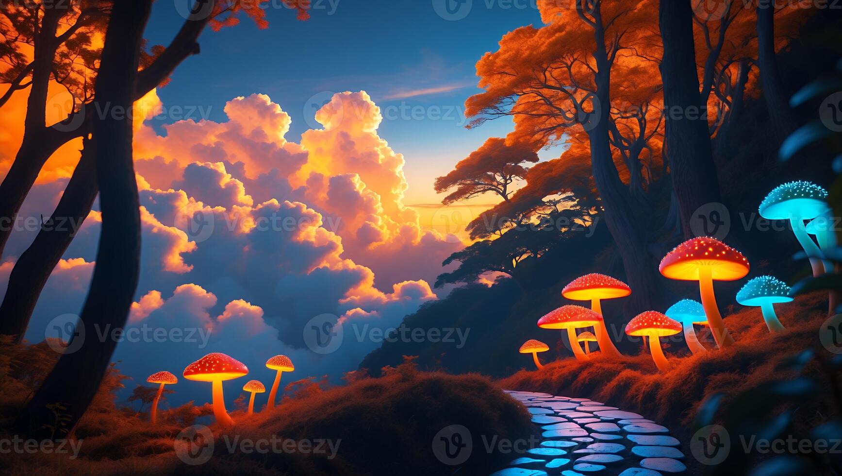 Glowing Mushrooms Along Stone Path in Enchanted Dreamlike Forest Scene photo