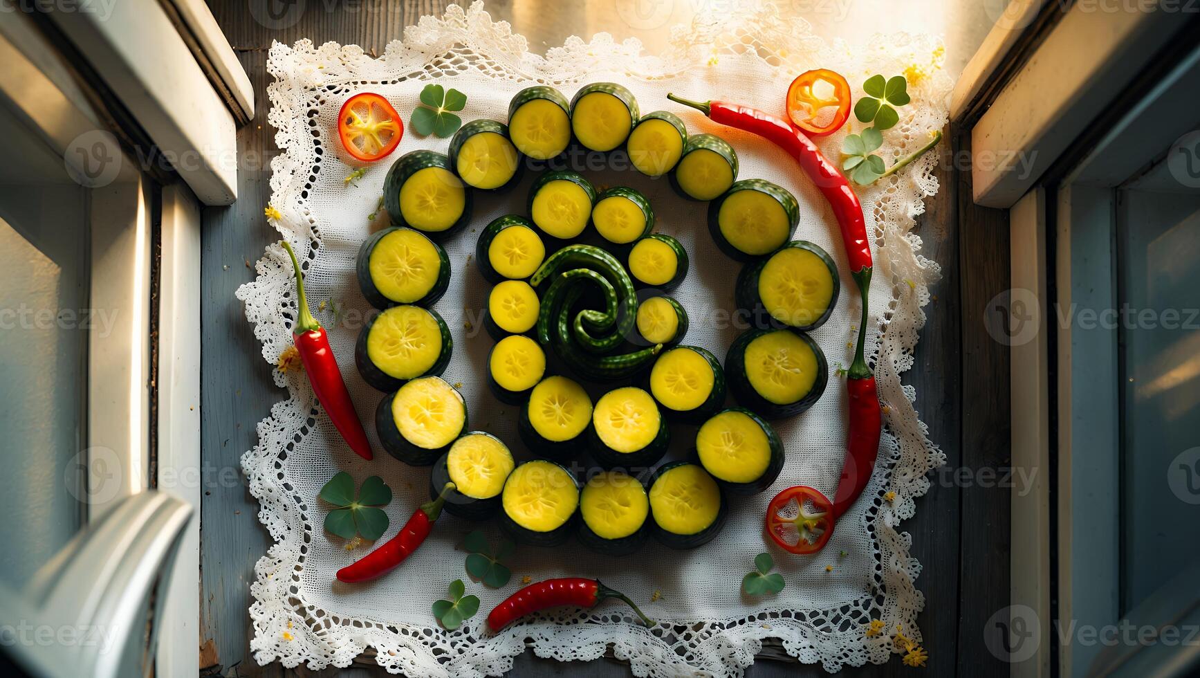 Arrangement of Sliced Cucumber and Chili Peppers on White Cloth photo